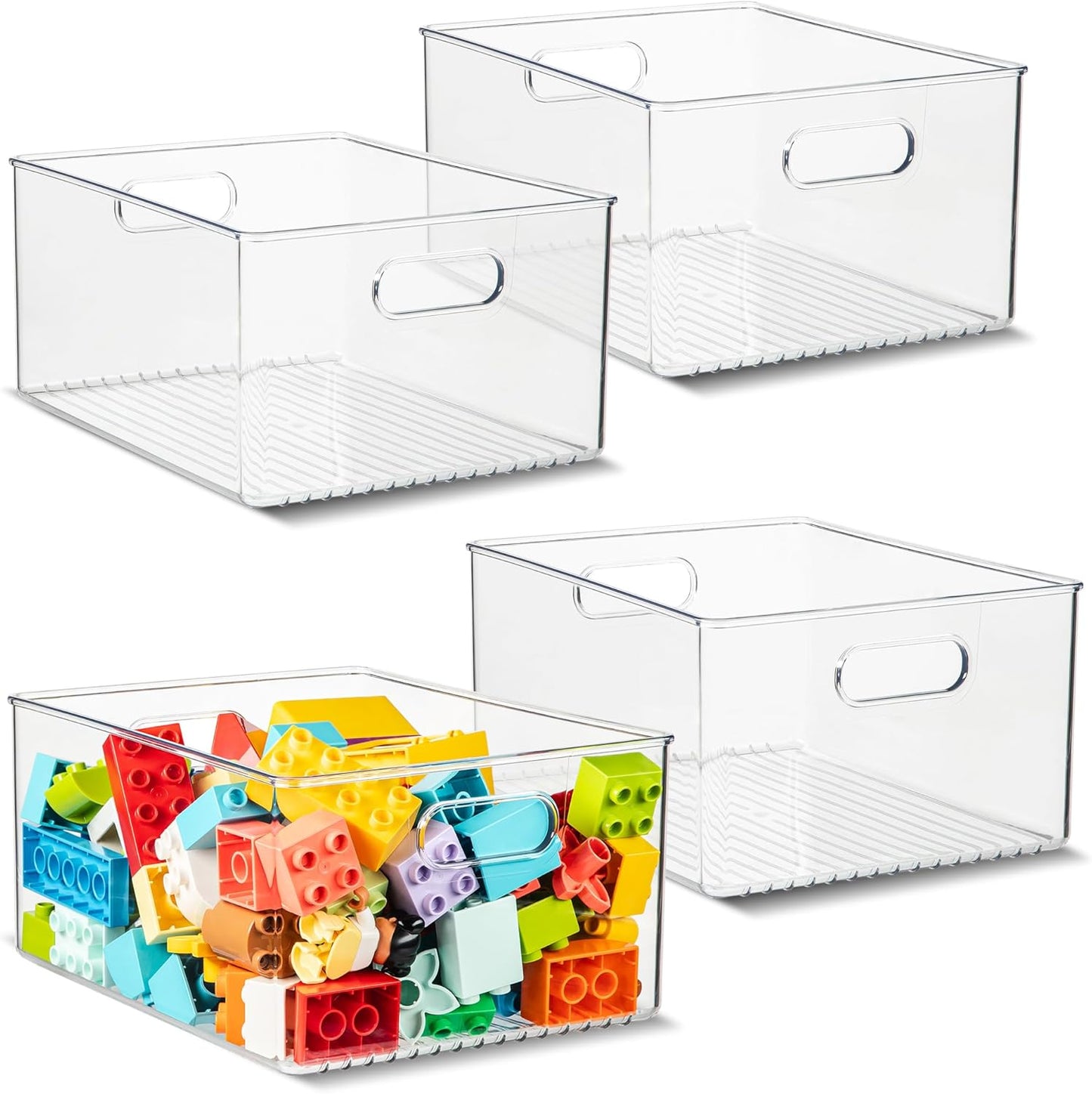primebox 4 Pack Clear Plastic Organizer Bins with Handles for Home Organization. Storage Containers for Organizing Fridge, Freezer, Cabinet. Pantry, Great for Kitchen, Garage, Laundry Room. 10"x8"x5"