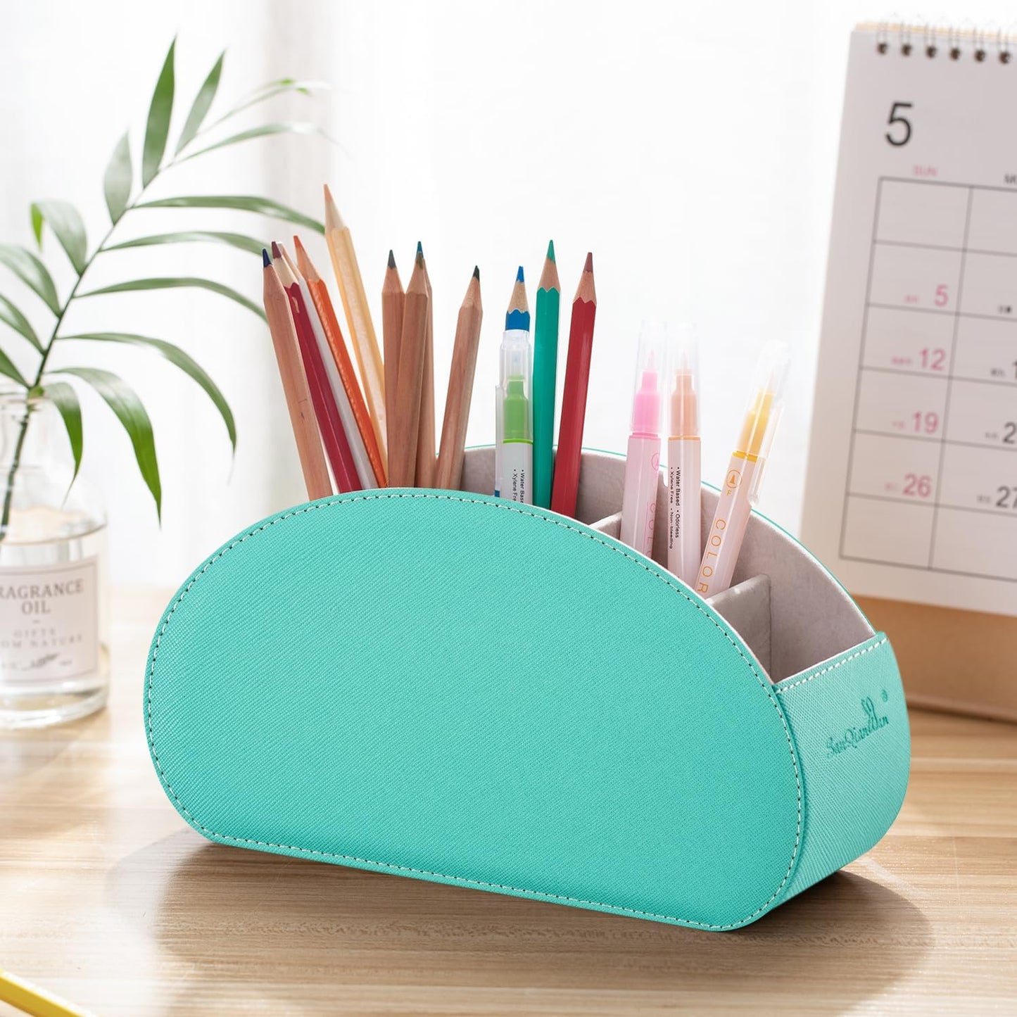 BONNY DODO Remote Control Holders Organizer Box with 5 Compartment PU Leather Multi-functional Office Desk Storage Caddy Store Tv Remote for Media Player,Brush,Pencil,Glassees&Office Supplies (Cyan)