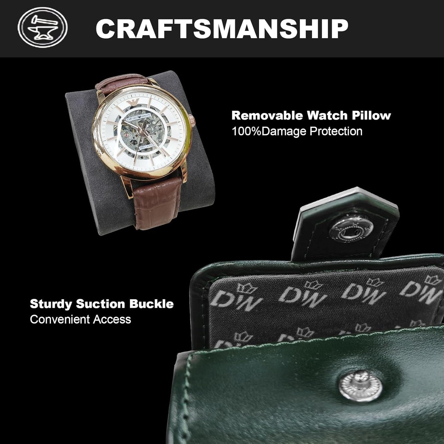 DUKWIN Watch Roll,Vegan Leather Travel Single Watch Case Organizer with Removable Pillows for Men and Women,Display Case for All Watches Collection and Gift for Anniversary Birthday(Green Storage Box)