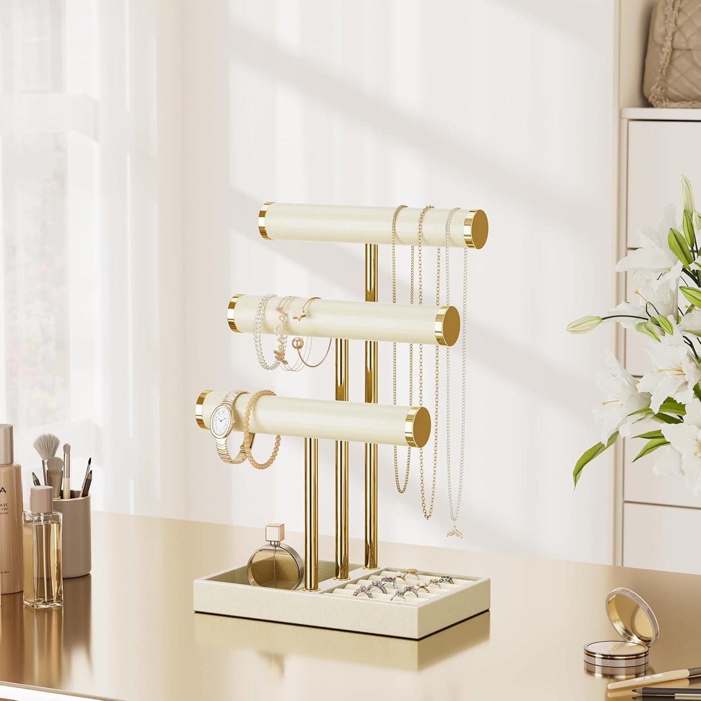 3 Tier Bracelet Holder Display - Beige Leather Bracelet Holder, Detachable T Bar Jewelry Holder Organizer for Bracelet, Necklace, Earrings, Rings, Watches, Bangle