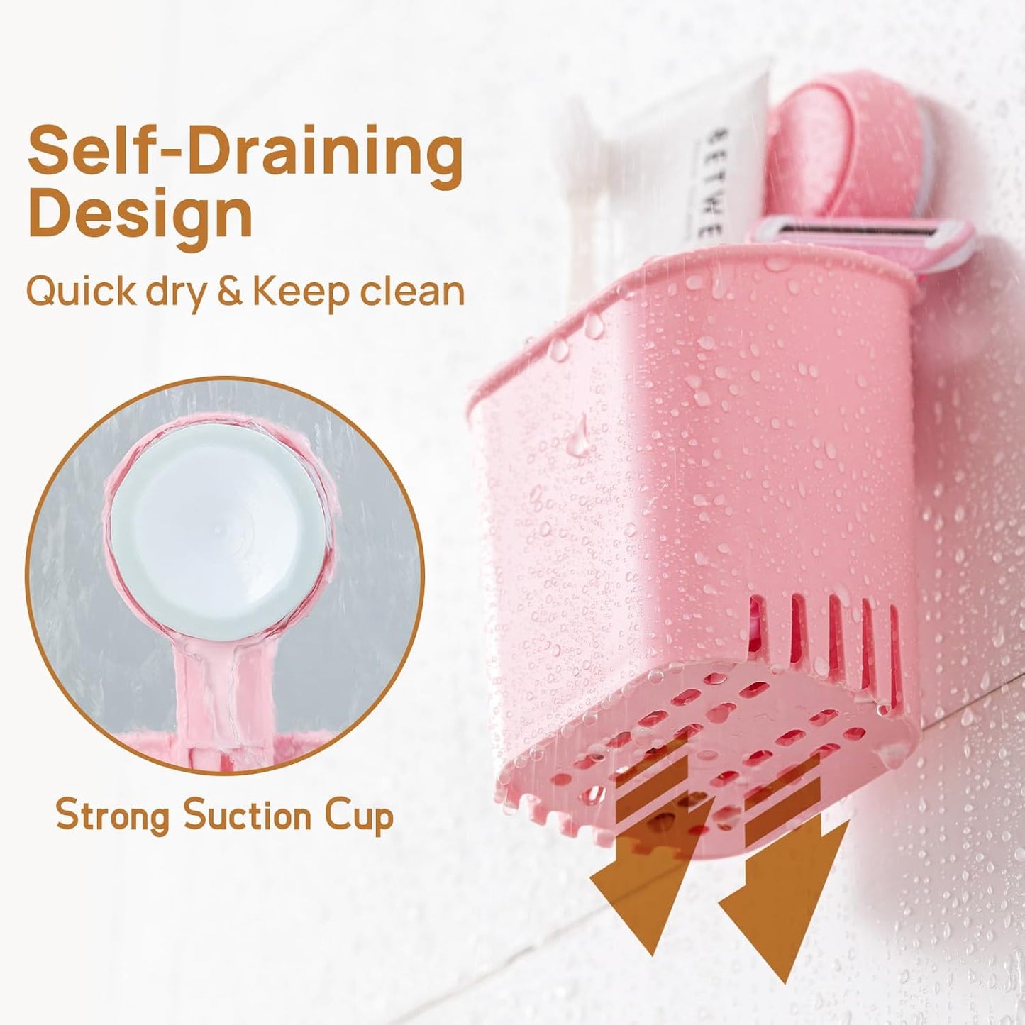 LEVERLOC Powerful Suction Cup Toothbrush Holder, Drill-Free Wall Shower Holder for Toothbrush, Toothpaste, Razor, Self-draining Kitchen Tableware Organizer, Removable Suction Cup in Shower, Pink