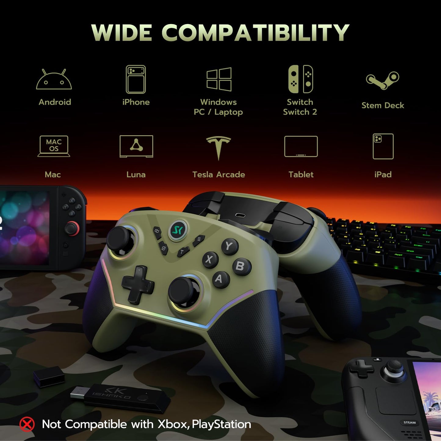 ISHAKO Wireless Gaming Controller for PC – 1000hz Polling Rate Controller with Back Buttons, Hall Trigger/Joystick, Turbo, RGB Lights, Game controller Compatible with Windows/Laptop/Switch/iPhone/Android-Olive Green