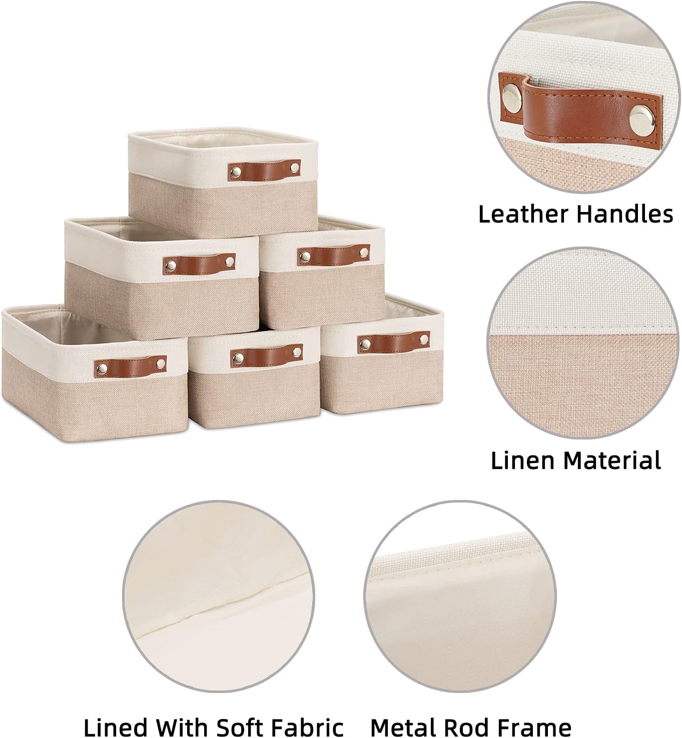 HNZIGE Small Fabric Baskets for Organizing(6 pack) Collapsible Storage Baskets for Shelves, Closets, Laundry, Nursery, Decorative Baskets for Gifts Empty (White&Beige, 11.8" x 7.8" x 5.1")