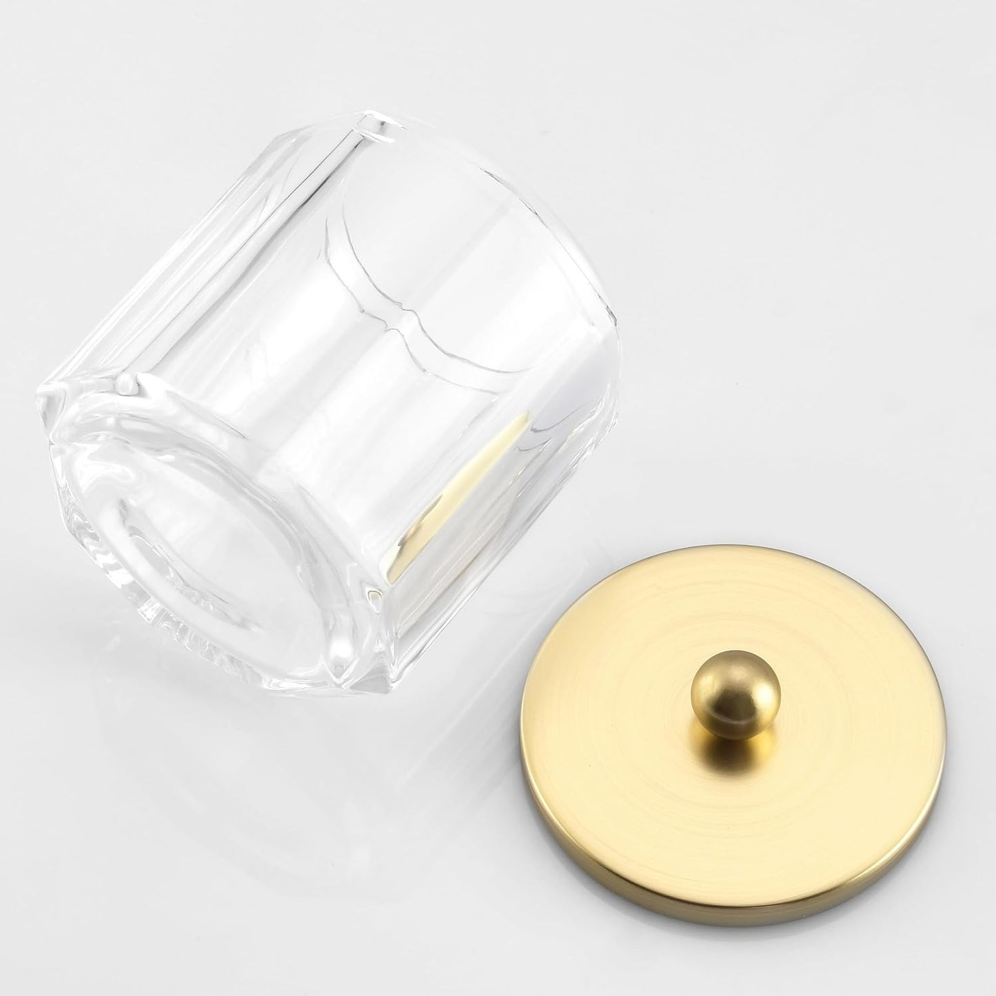 Clear Transparent Apothecary Octagional Shaped Glass Canister Jar With Gold Metal Lid Cover for Bathroom Organization, Cotton Balls, Q Tips, and Small Accessories, Bathroom Storage
