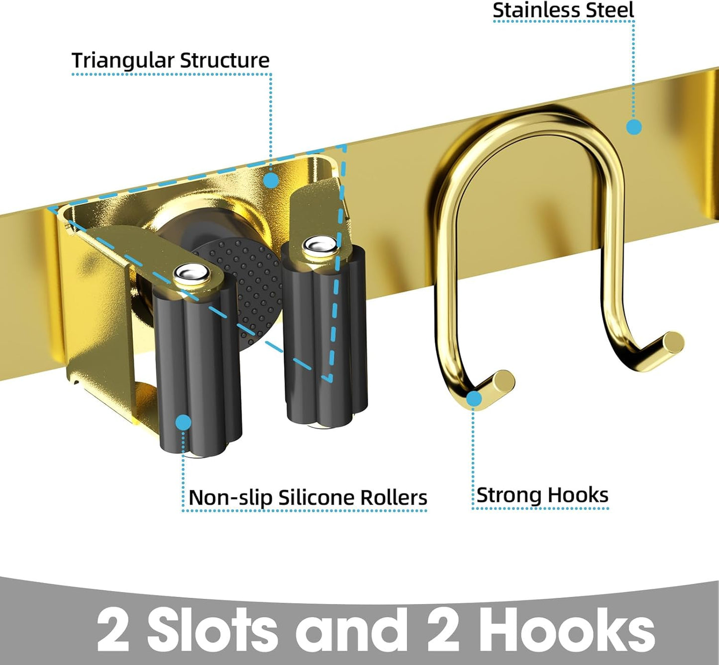 Broom Holder Wall Mount, 2-Pack Stainless Steel Mop and Broom Organizer, Broom Hanger with 2 Slots 2 Hooks for Home Kitchen, Garage, Garden and Laundry Room, Gold