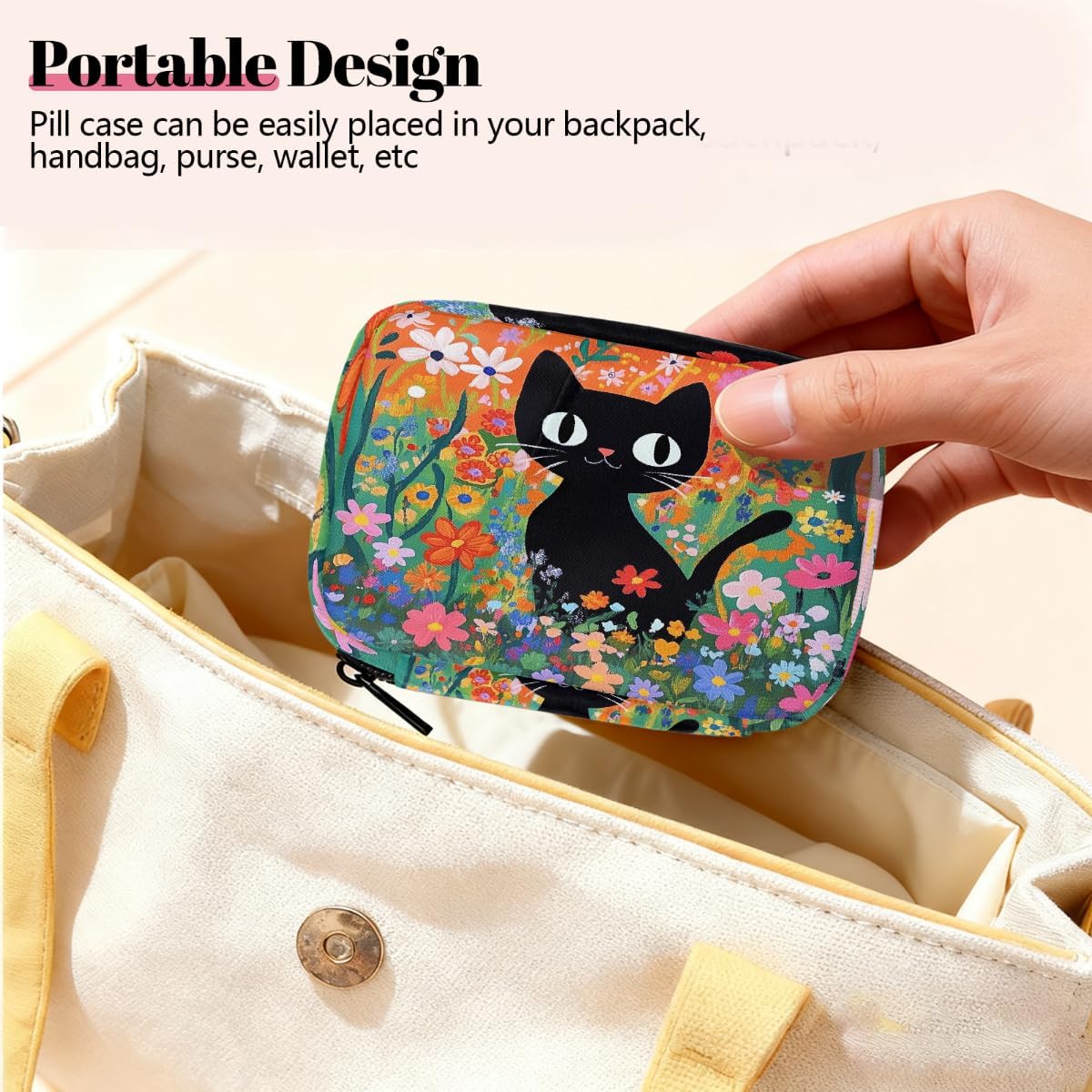 Cute Black Cat Flowers Pill Organizer Travel Medicine Case with Zipper Daily Vitamin Storage Bag Portable 8 Slot Weekly Pill Box Supplement Holder for Home Office Gym Travel