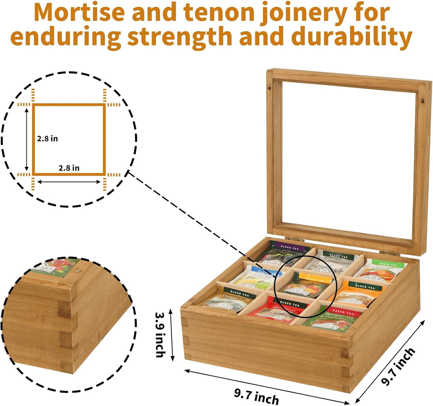 Wood Tea Bag Organizer, 9 Compartment Multi-Functional Tea Box and Storage Organizer for Tea Bags with Clear Acrylic Window