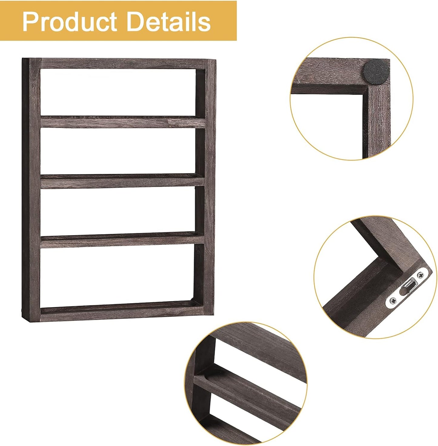 ETELI Essential Oil Storage Rack 4 Tier Wall Mounted Wooden Display Shelf Holder Nail Polish Organizer with Groove Inside for Bedroom Bathroom Powder Room, Rustic Brown