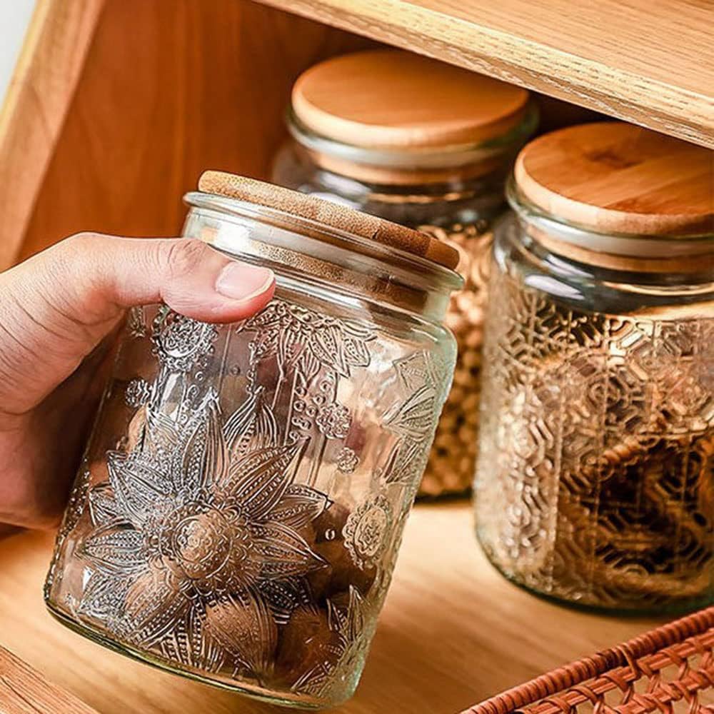 ANSQU 2 Pack Vintage Glass Storage Jar, 23.7 FL OZ Glass Food Storage Containers with Bamboo Lid, Candy Jars with Lids for Kitchen Counter, Pantry, Coffee, Tea, Sugar