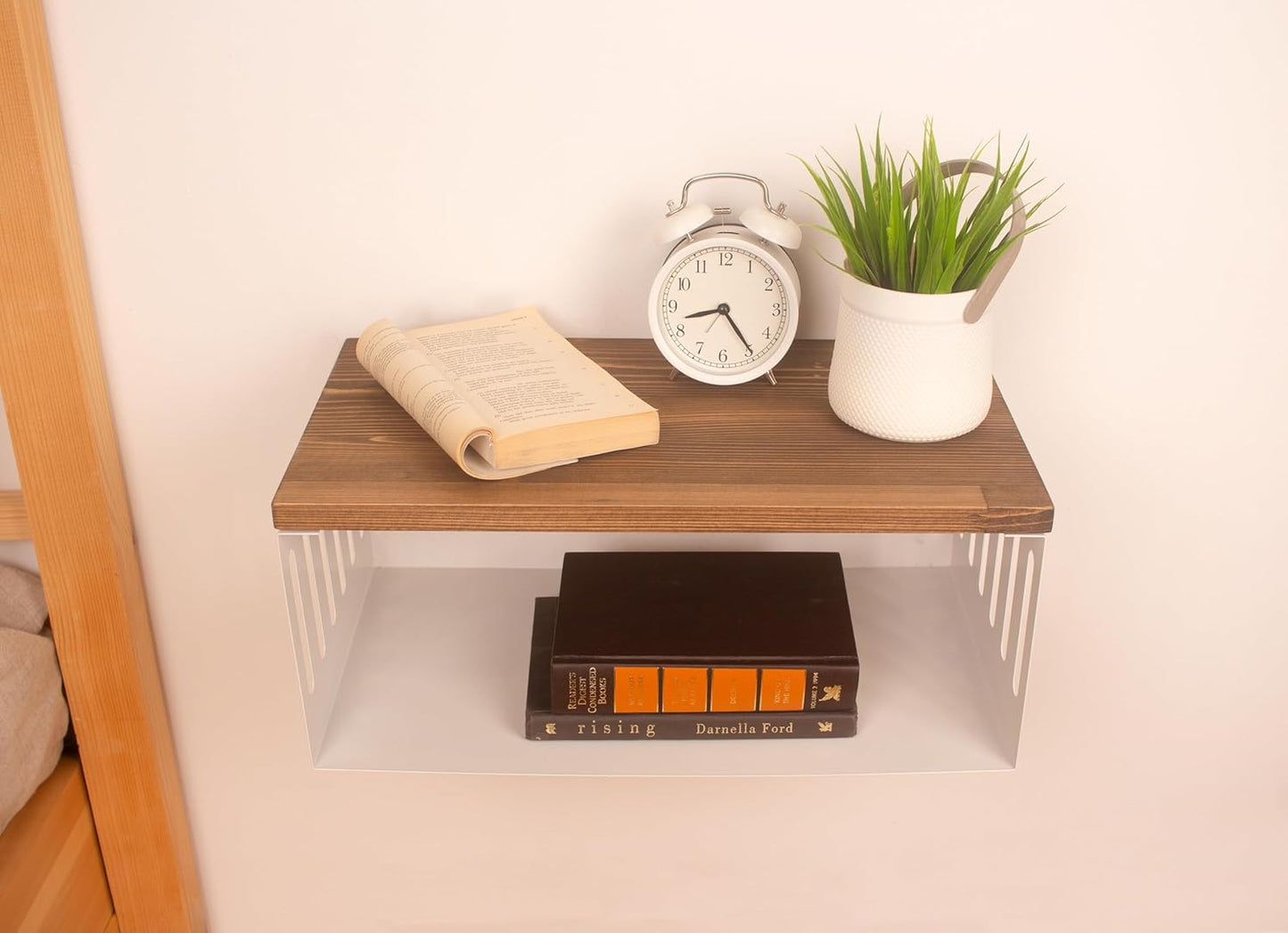 Floating Nightstand with White Metal Base, Wooden Top and Sturdy Metal Base, Minimalist Bedside Table, Wall Mounted Shelf, Bedside Shelf (Vancouver)