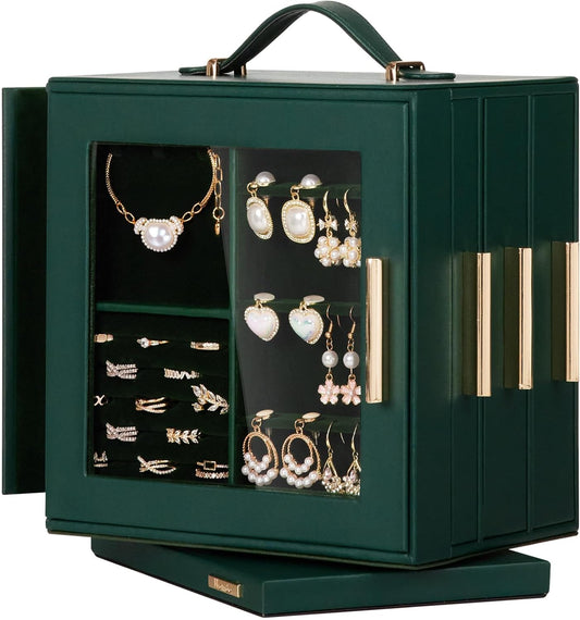 Homde Christmas Gifts Jewelry Box 360° Rotating, Necklace Earring Organizer with Transparent Window, Mirror, 7 Drawers, Large Ring Display Storage Case for Girls Women (Forest Green)