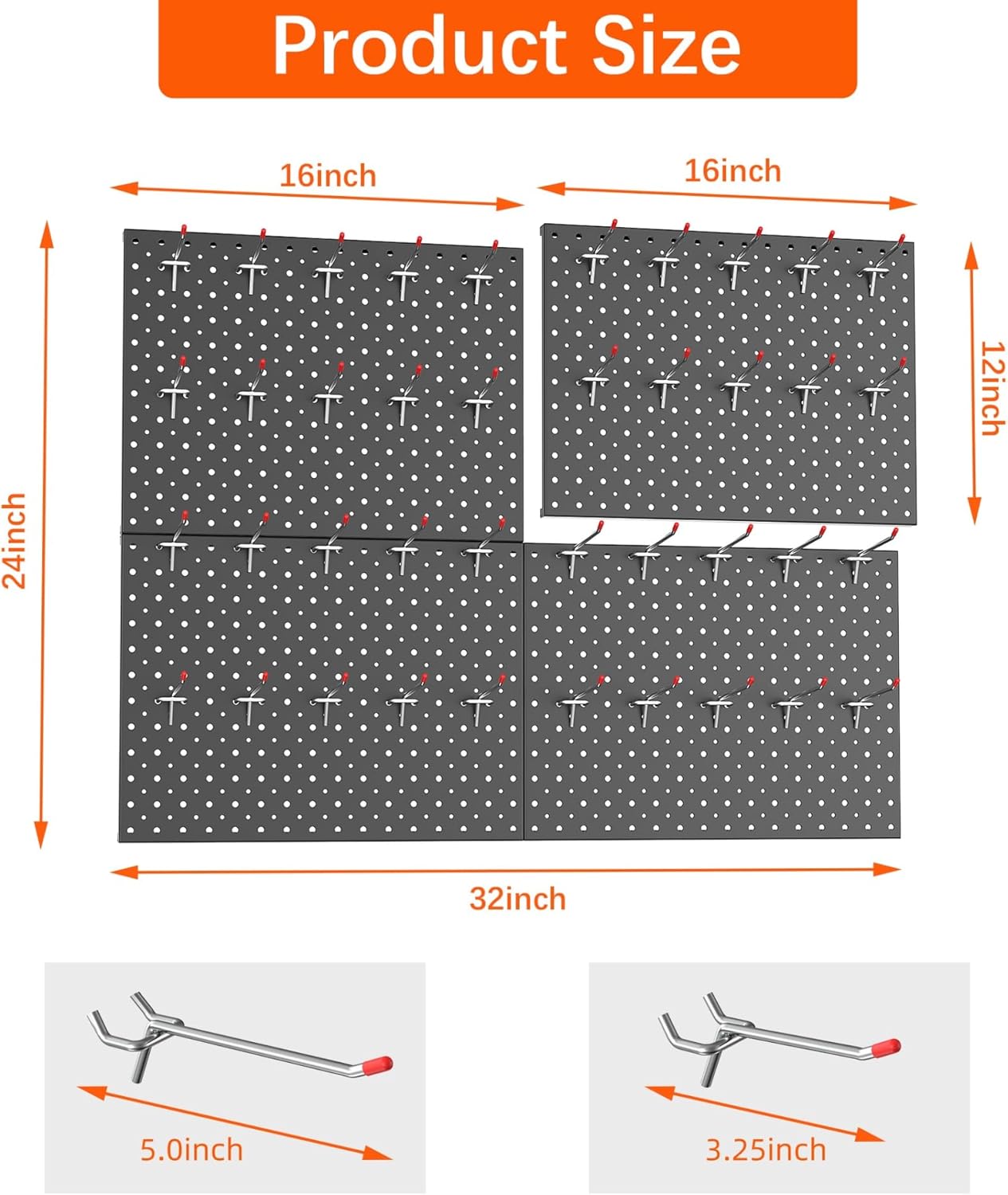 TORACK Metal Pegboard Panels and Hooks for Garage, Workbench, Shop, Shed Tool Organizer Peg Board with 1/8" & 1/4" Holes, Modular Wall-Mounted Pegboard with Pegboard Hooks(Black)