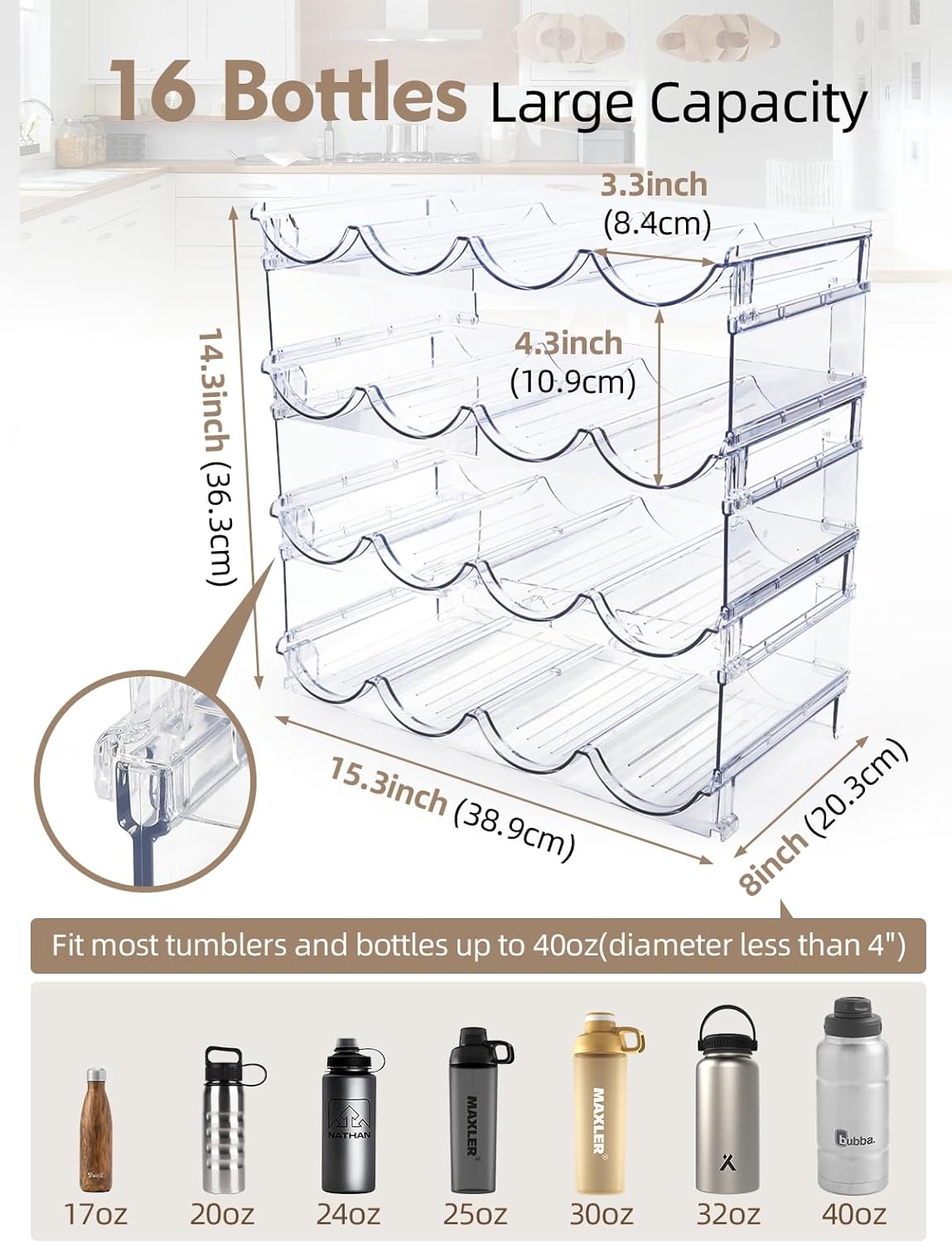 Water Bottle Organizer - 4 Pack Clear Stackable Bottle Storage Rack and Wine Rack for Stanley Yeti Bottle and Other Tumbler Organizer for Kitchen Cabinets, 4 Tier Hold 16