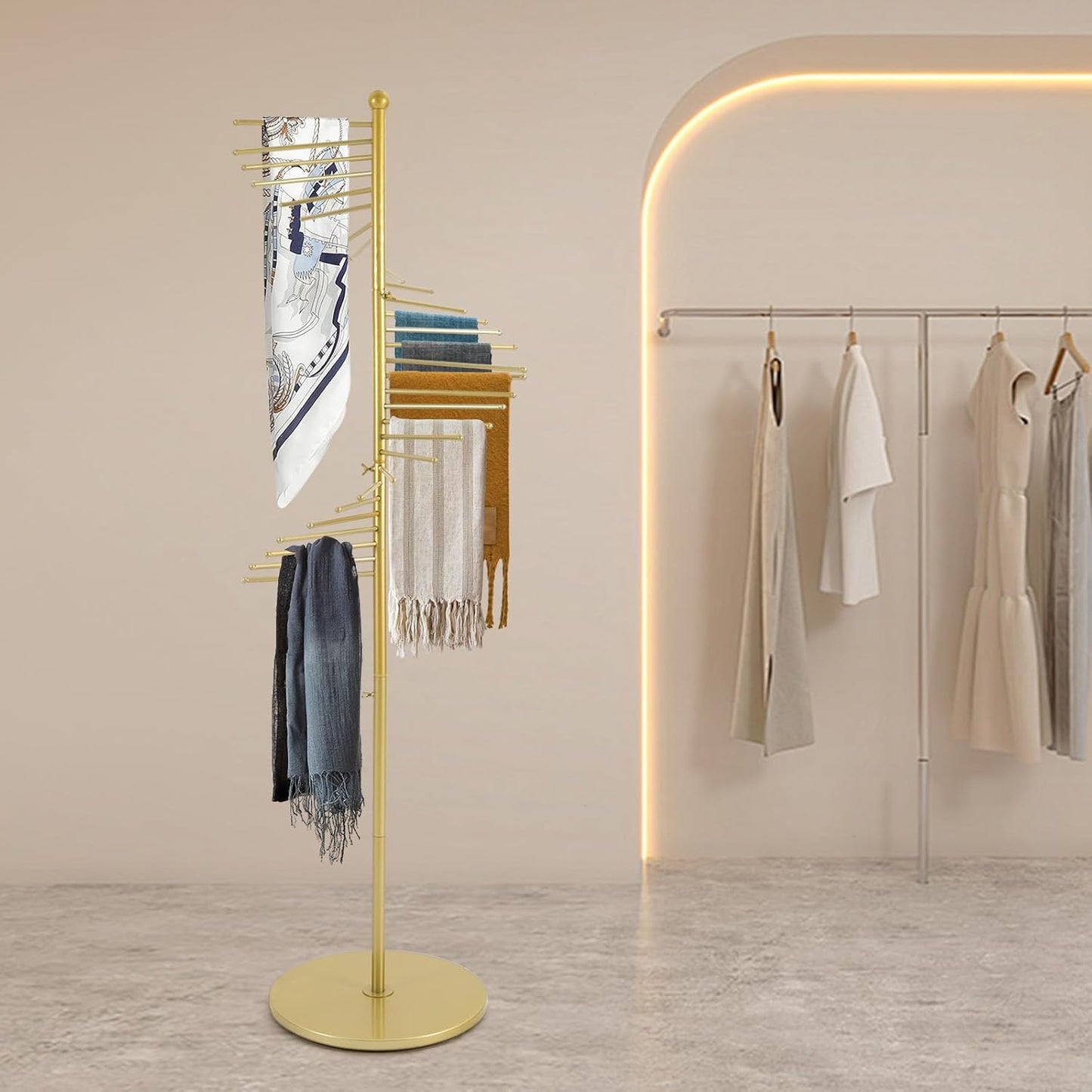 Spiral Scarf Display Stand, Freestanding Hijab Organizer with Multiple Rods, Metal Scarf Rack for Clothing Store Home, Gold