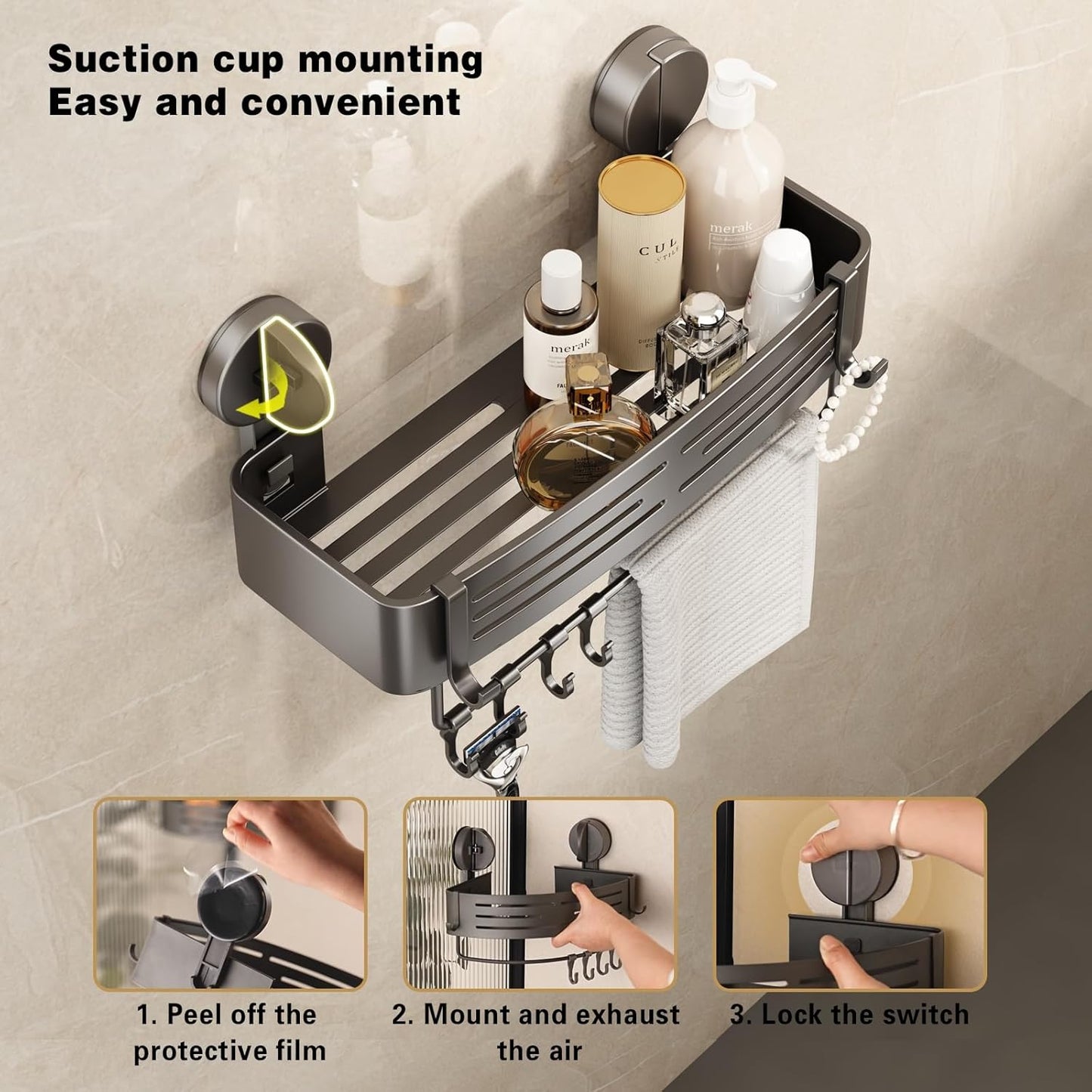 VOLPONE Shower Caddy Suction Cup No Drilling Suction Cup Shower Shelf Aluminum Bathroom Shower Organizer Storage Rack Adhesive with Towel Bar Hooks (2-Pack, Matte Gray)