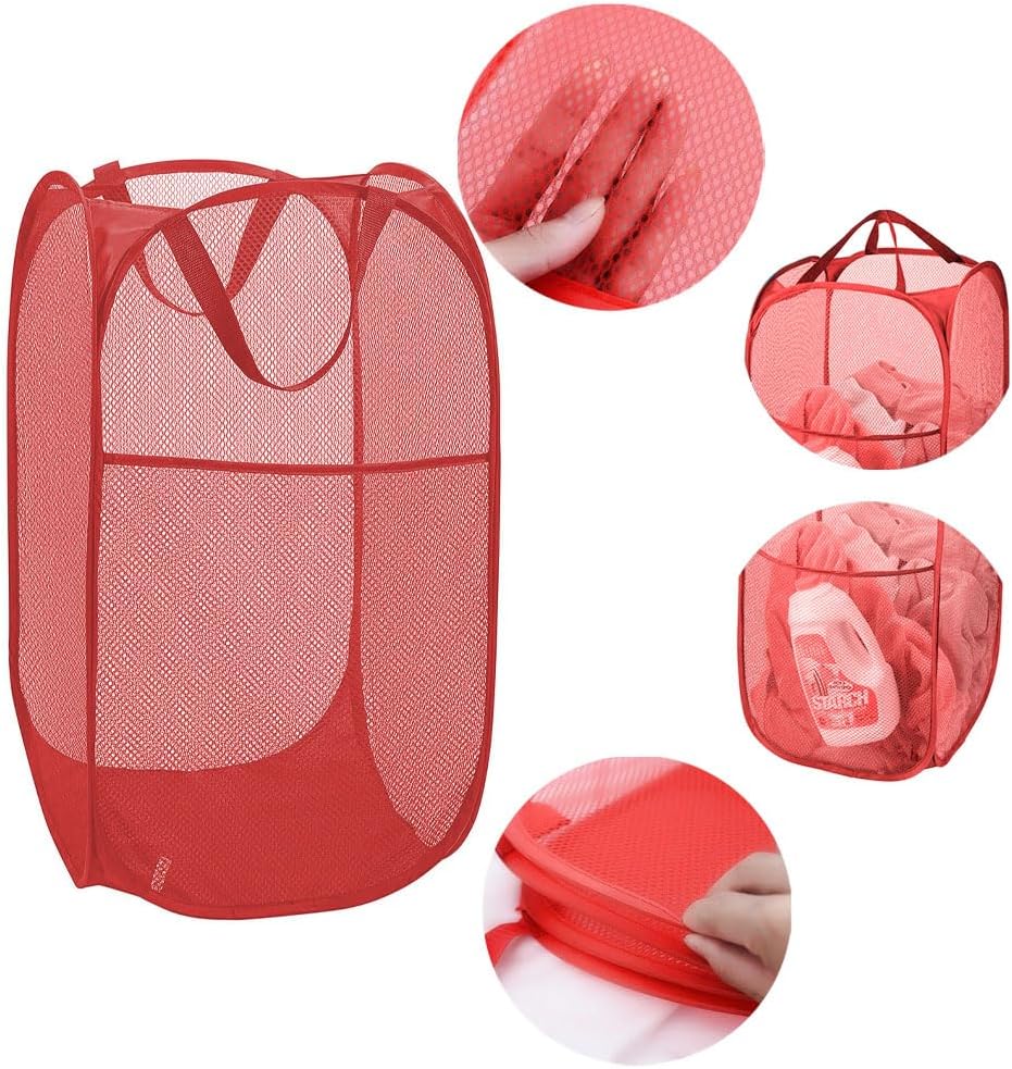 Larpur Popup Mesh Laundry Basket, Collapsible and Portable Clothes Washing Laundry Hamper with Reinforced Carry Handle (Red)