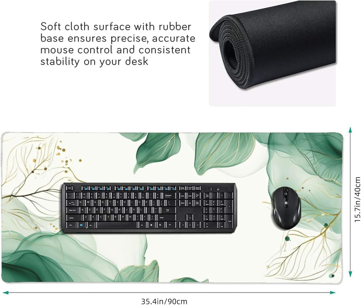 Watercolor Green Leaves Large Mouse Pad, Vintage Aesthetic Gaming Desk Mat, XXL Keyboard Desk Pad Mat for Desktop, 35.4"x15.7" Non-Slip Base Big Mousepad with Stitched Edges