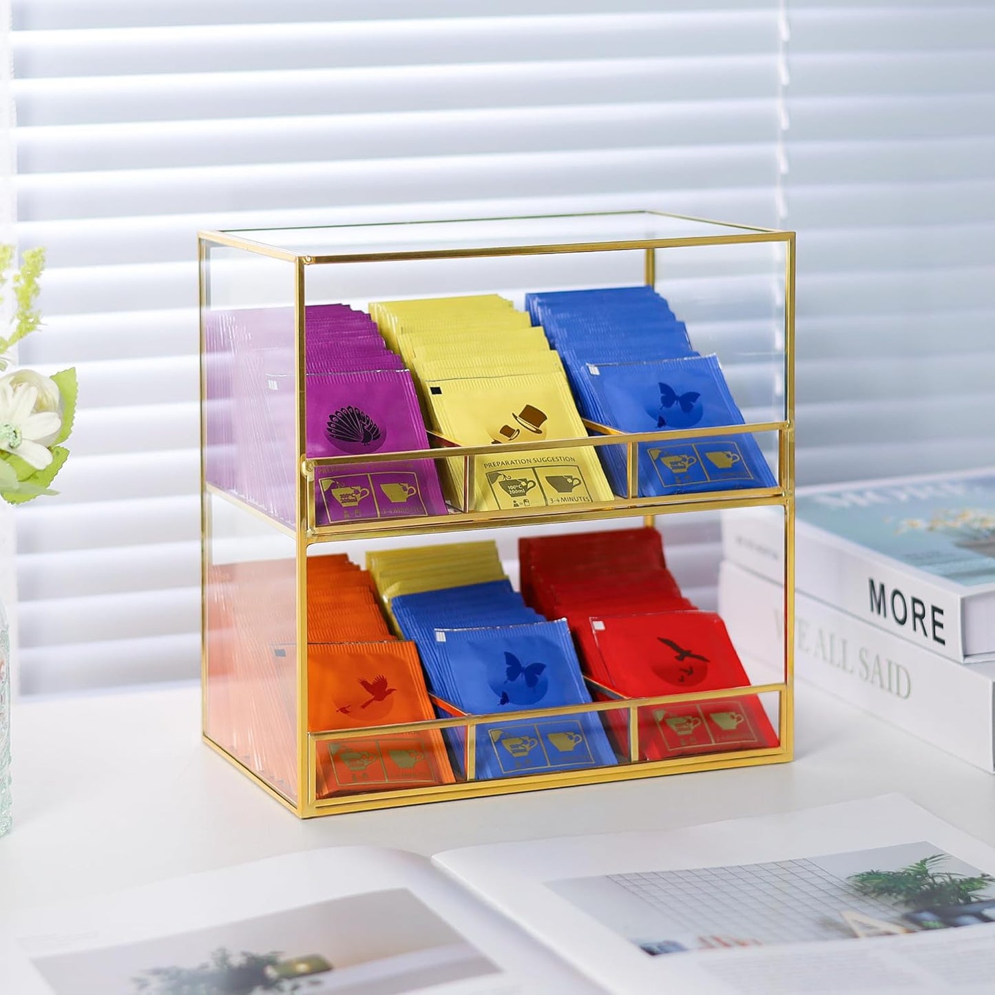 Glass Tea Bag Organizer for Counter, 2-Tier Teabag Organizer Storage Holder for Tea Bags, Glass Caddy Box Containers, Rack Teabag Station Stand for Cabinet Kitchen, 2-Tier, Gold
