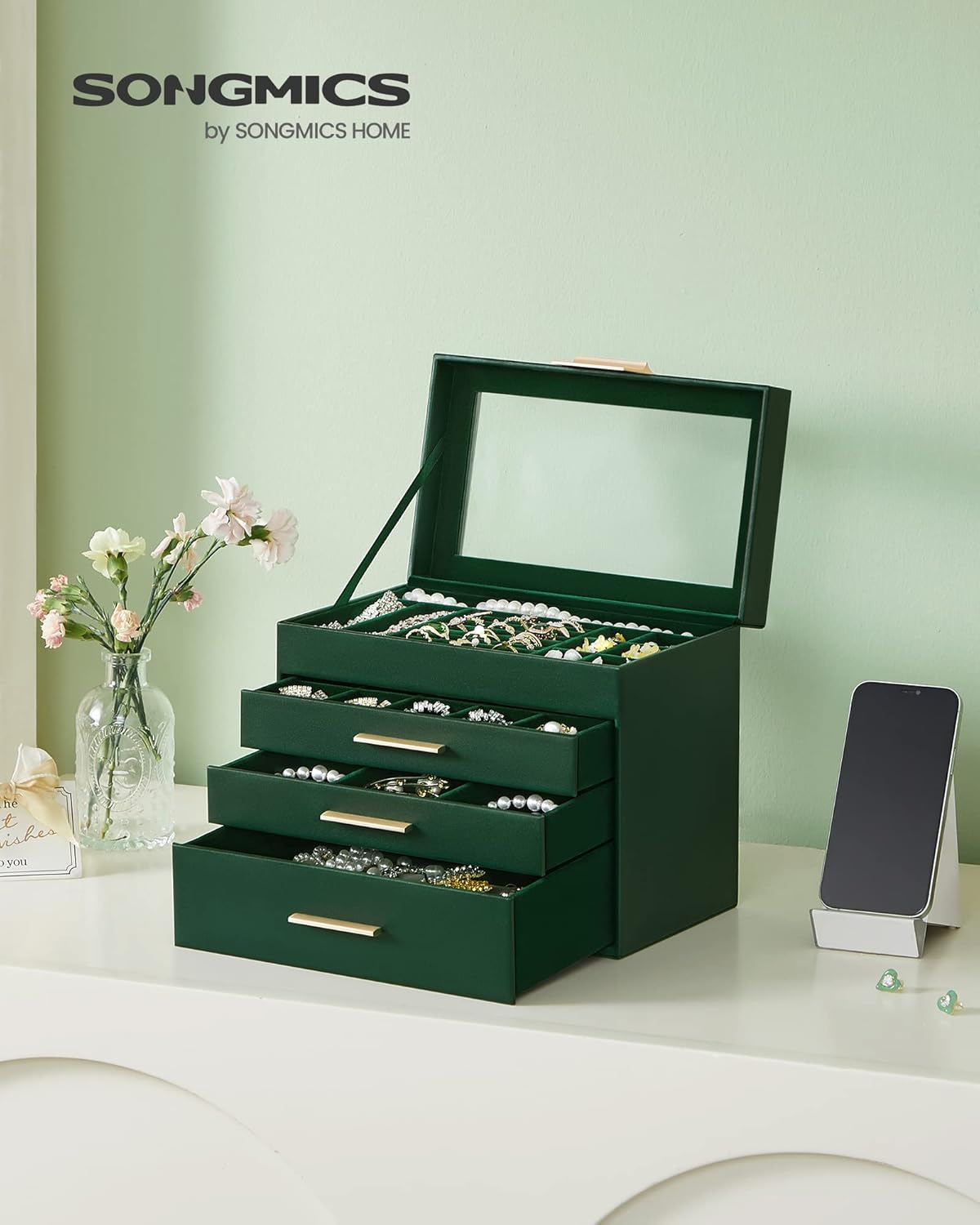 SONGMICS Jewelry Box Organizer with Glass Lid, 4-Layer Jewelry Storage, with 3 Drawers, Modern Style, Christmas Gift, 6 x 9.9 x 8.5 Inches, Forest Green and Gold Color UJBC161G01
