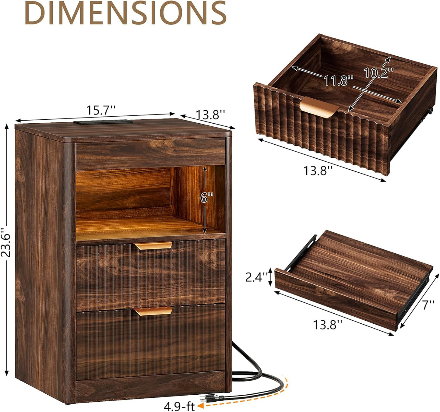 REAHOME Fluted Nightstand Set of 2 with Charging Station, Modern LED Night Stand with 2 Drawers and Pull Out Tray, Wood Bedside Table, End Side Table with Open Shelf for Bedroom,Walnut