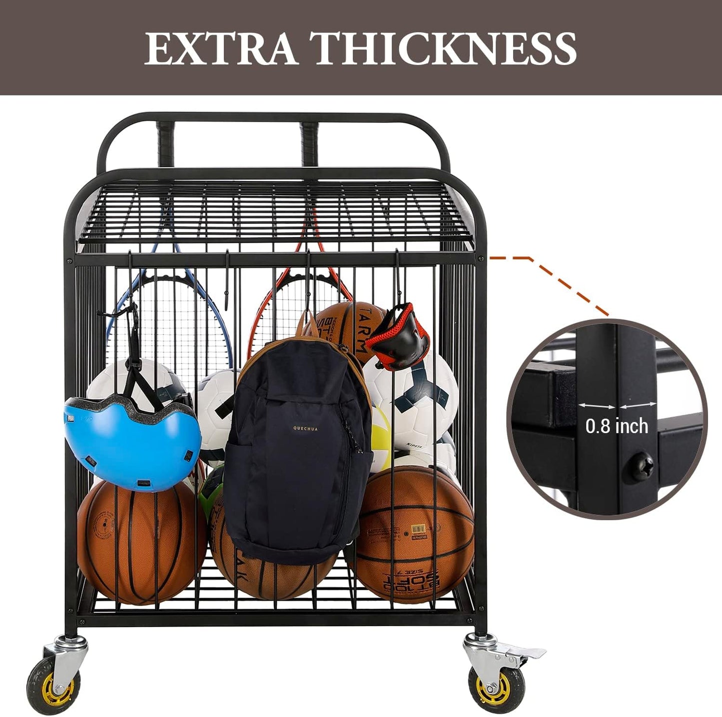 MyGift Large Capacity Metal Rolling Multi Sports Ball Cage Storage Hopper, Gym Equipment Basket Cart with Lockable Latch, Heavy Duty Caster Wheels, and 8 Accessory Hooks