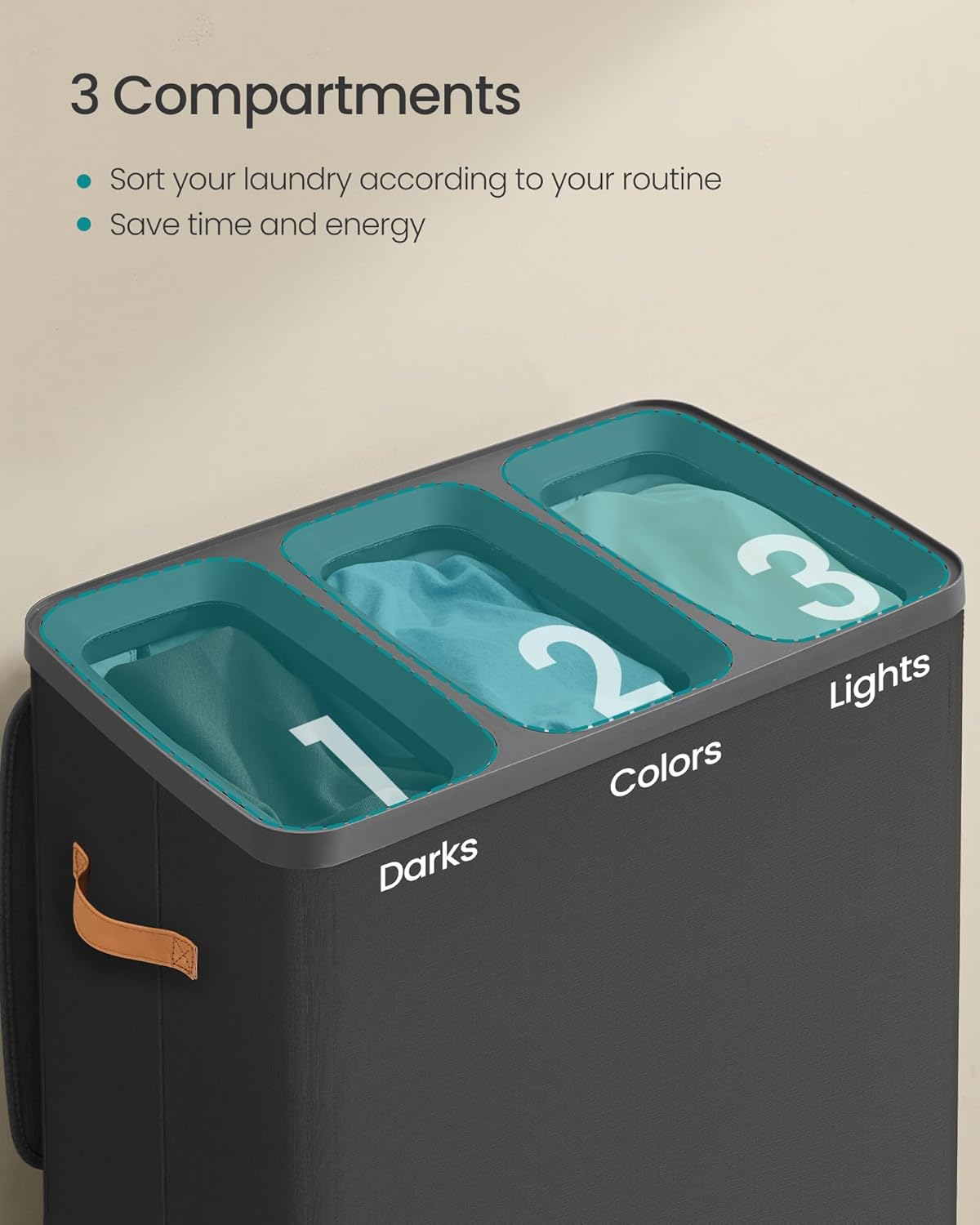 SONGMICS Laundry Basket, 50.2 Gal. Laundry Hamper, 3 Compartments, Easy Assembly, with Lid and Handles, Removable Liners, 25.2 x 15.7 x 29.5 Inches, Ink Black ULCB814BH01