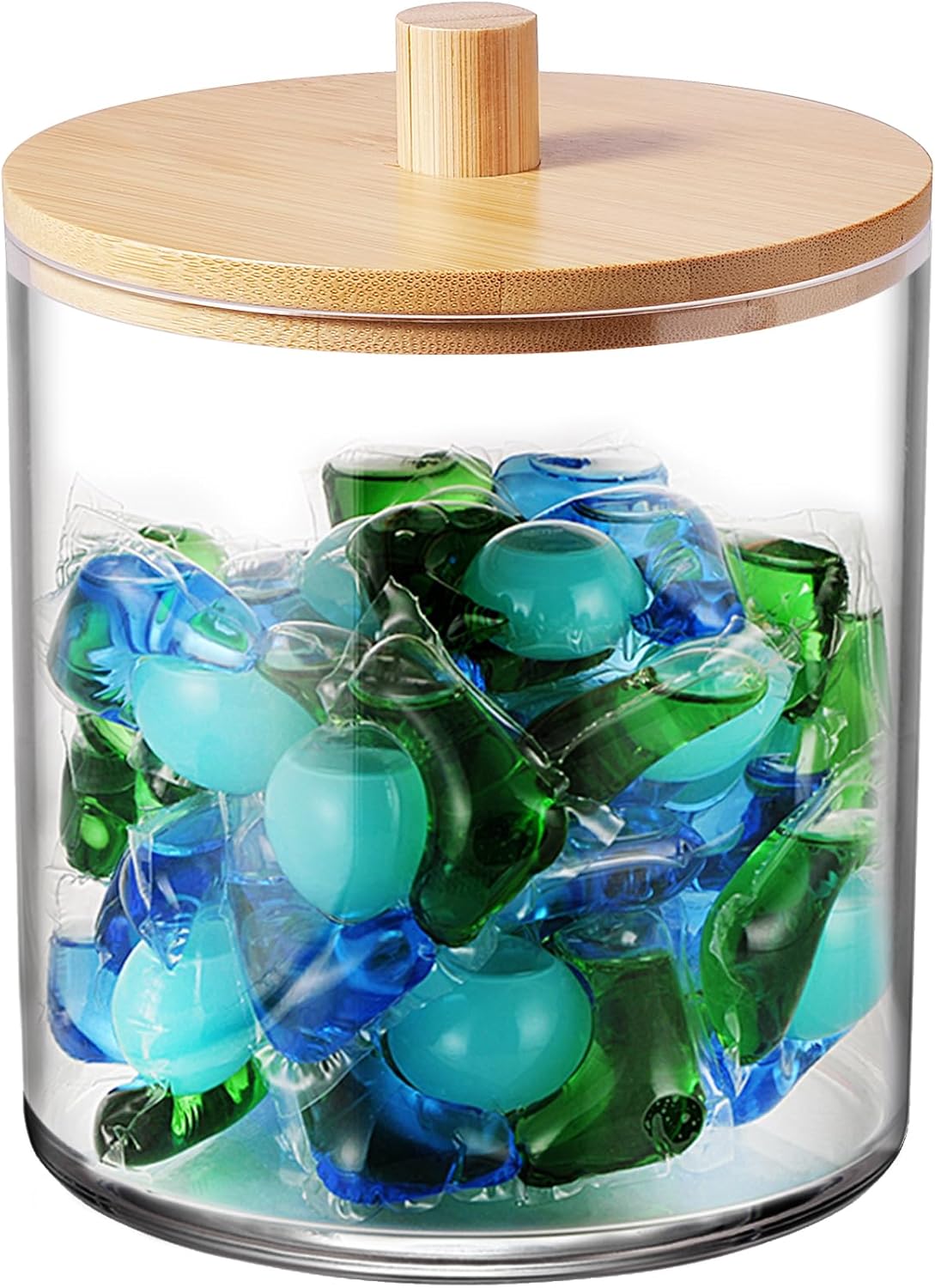 SheeChung 1 Pack 50 Oz Large Apothecary Jar with Bamboo Lid, Laundry Pods Container, Storage Jars for Bathroom Organization, Plastic Canisters with Cute Stickers Spoons(Natural)