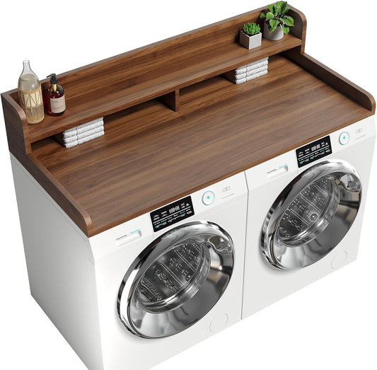 2-Tier Washer Dryer Countertop with 2.75" H Edge Rails, 58" W x 28" D Laundry Countertop for Folding Clothes, Washer and Dryer Topper with Non-Slip Pad (Dark Walnut)