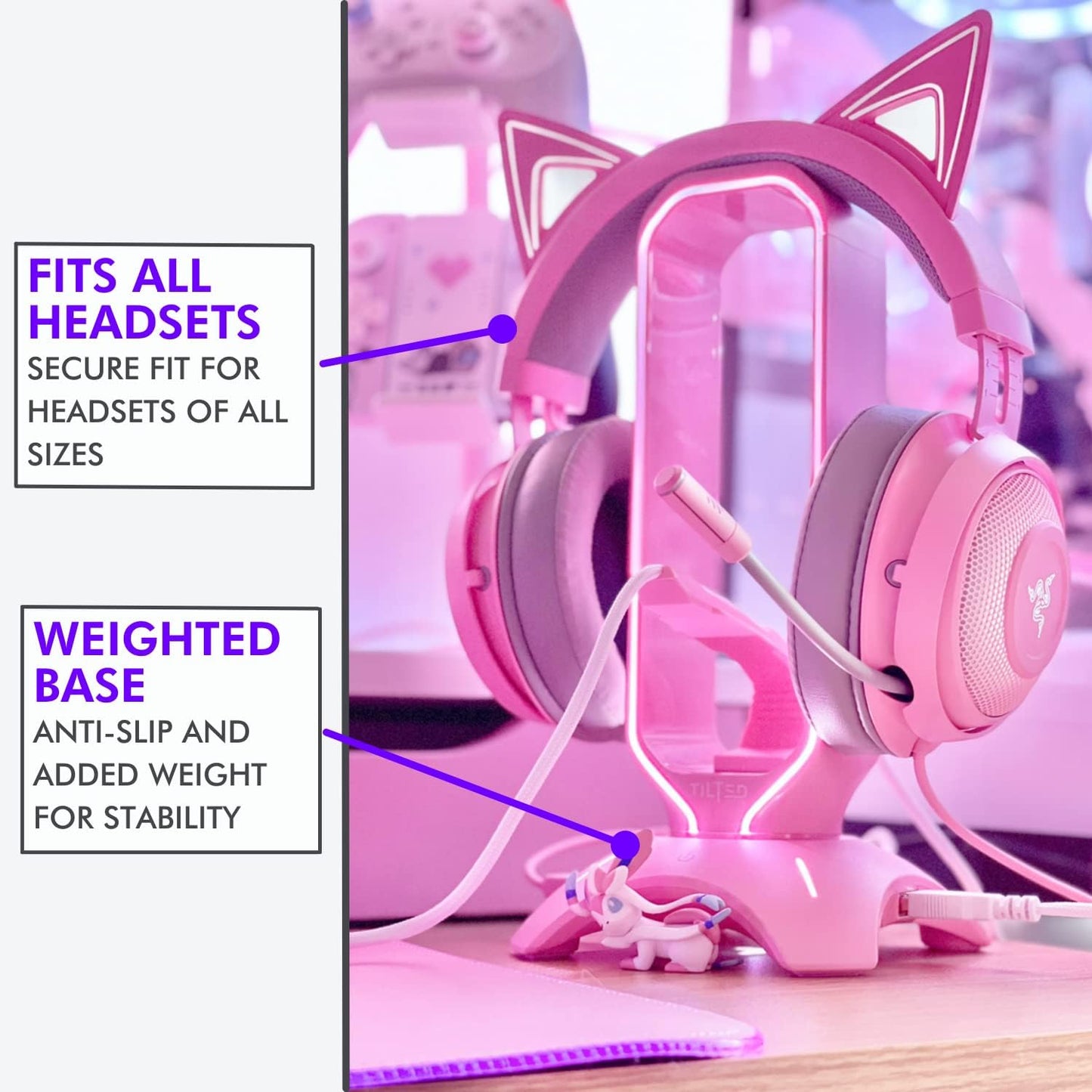 Tilted Nation Cute Headphone Stand Pink | Headset Stand with RGB, Mouse Bungee Holder, and 2 Port USB Hub Charger - Desk Gaming Accessories