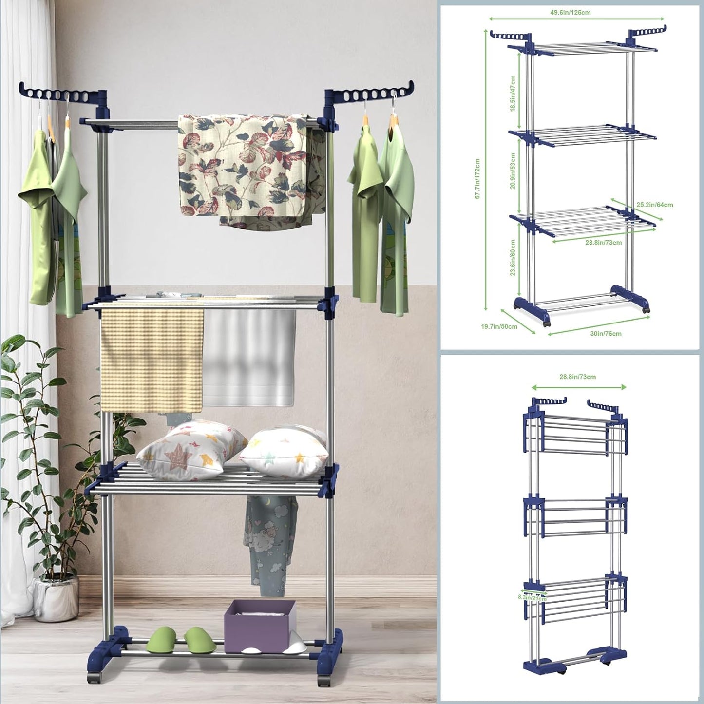 Bigzzia Clothes Drying Rack, 67.7 Inch Laundry Drying Rack with Foldable Base, 4 Tier Stainless Steel Drying Rack Clothing, Movable Laundry Rack for Indoor Outdoor-Blue