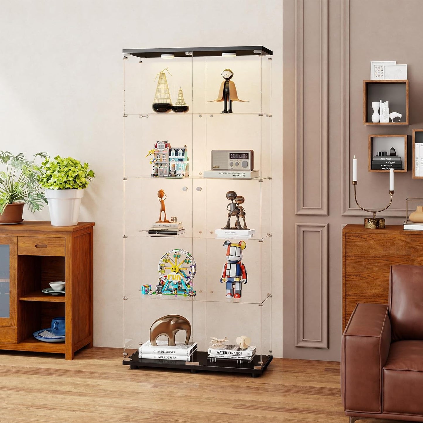 5-Tier Tempered Glass Display Cabinet with Lights, Curio Cabinet with Glass Doors and Lock, Glass Display Case for Collectibles, for Living Room Bedroom Office, Double Door, Black