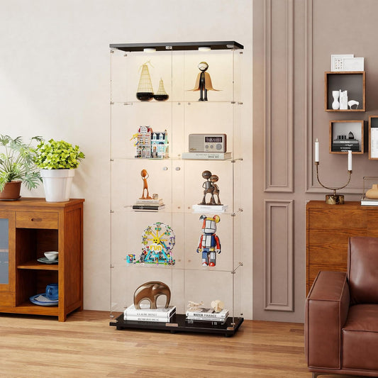 5-Tier Tempered Glass Display Cabinet with Lights, Curio Cabinet with Glass Doors and Lock, Glass Display Case for Collectibles, for Living Room Bedroom Office, Double Door, Black