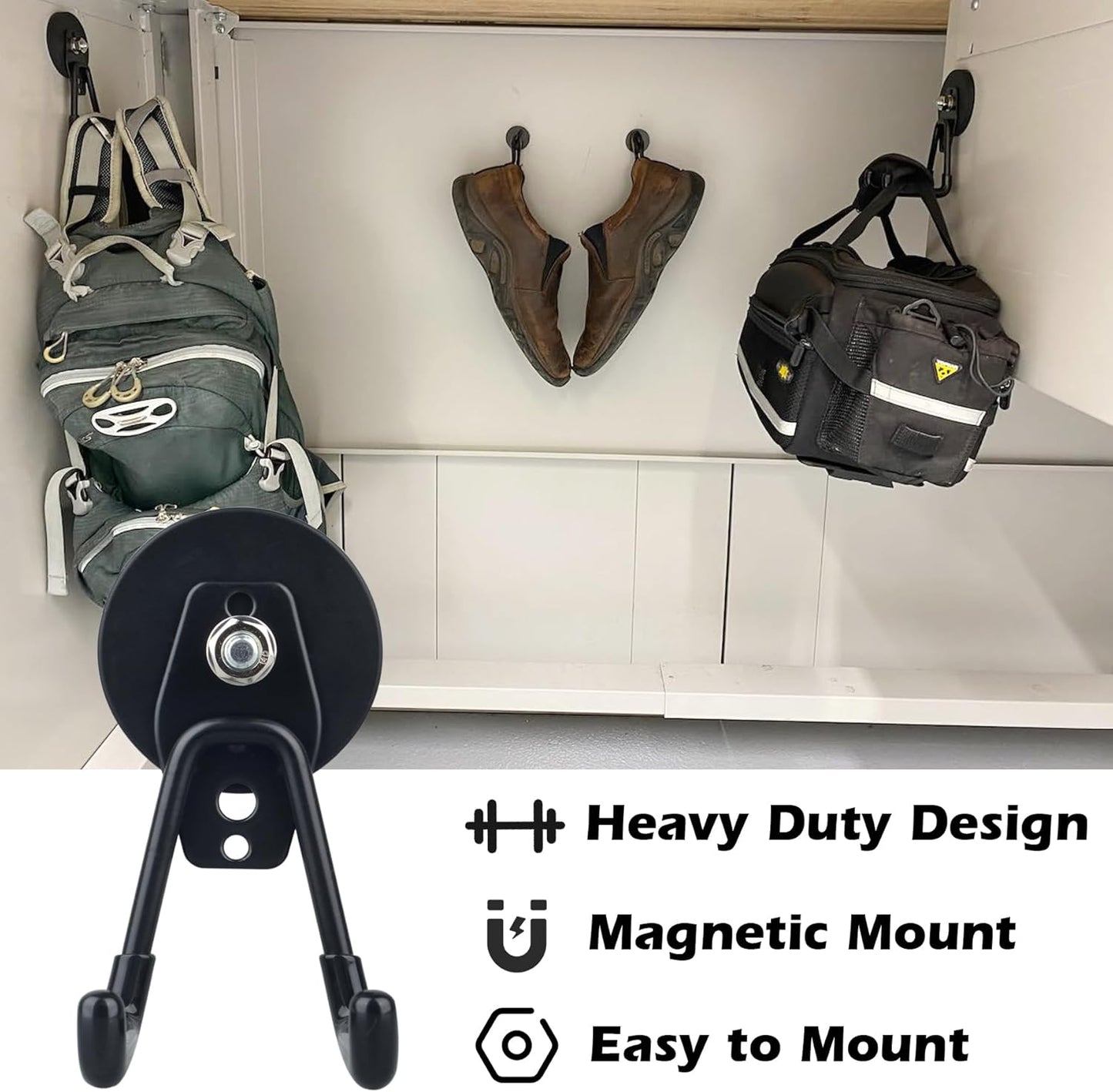 MUTUACTOR Heavy Duty Magnetic Hook,2PCS Anti-Slip Storage Magnet Hooks for Organizer, Magnetic Mount Garage Double Utility Hooks Hanging Impact Drivers Garden Hoses Hardware Box