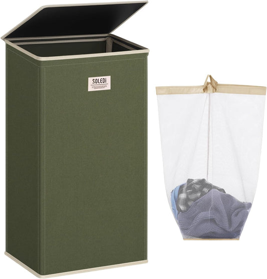 SOLEDI Laundry Hamper with Lid 100L Large & Tall Collapsible Laundry Basket, Clothes Hamper with Bag Removable Easy to Carry, Dirty Hampers for Bedroom, Bathroom, Dorm, College, Avocado