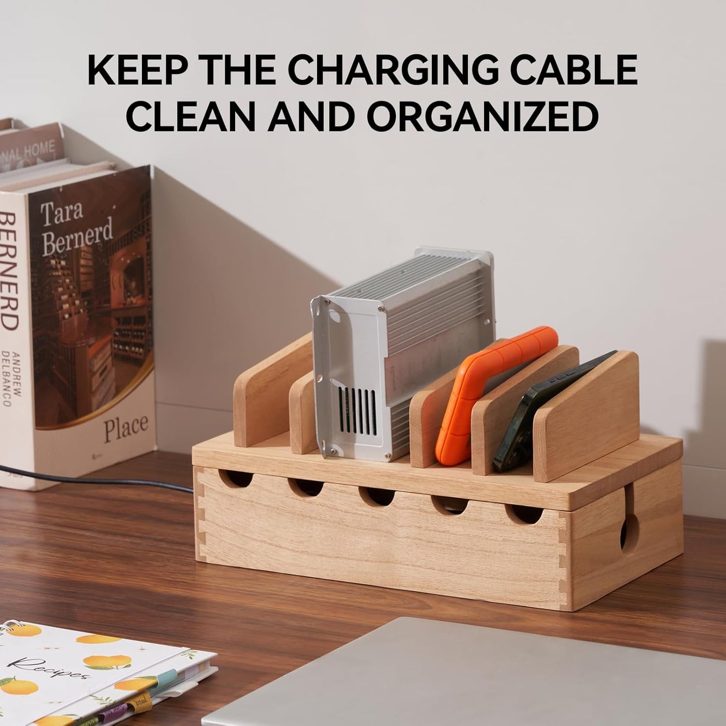 KIRIGEN Wood Charging Station Rack Organizer for Multiple Devices Desktop Organizer with 5 Ports for Cell Phones, Tablets, Earphones Wooden Cable Management DDXH-NA