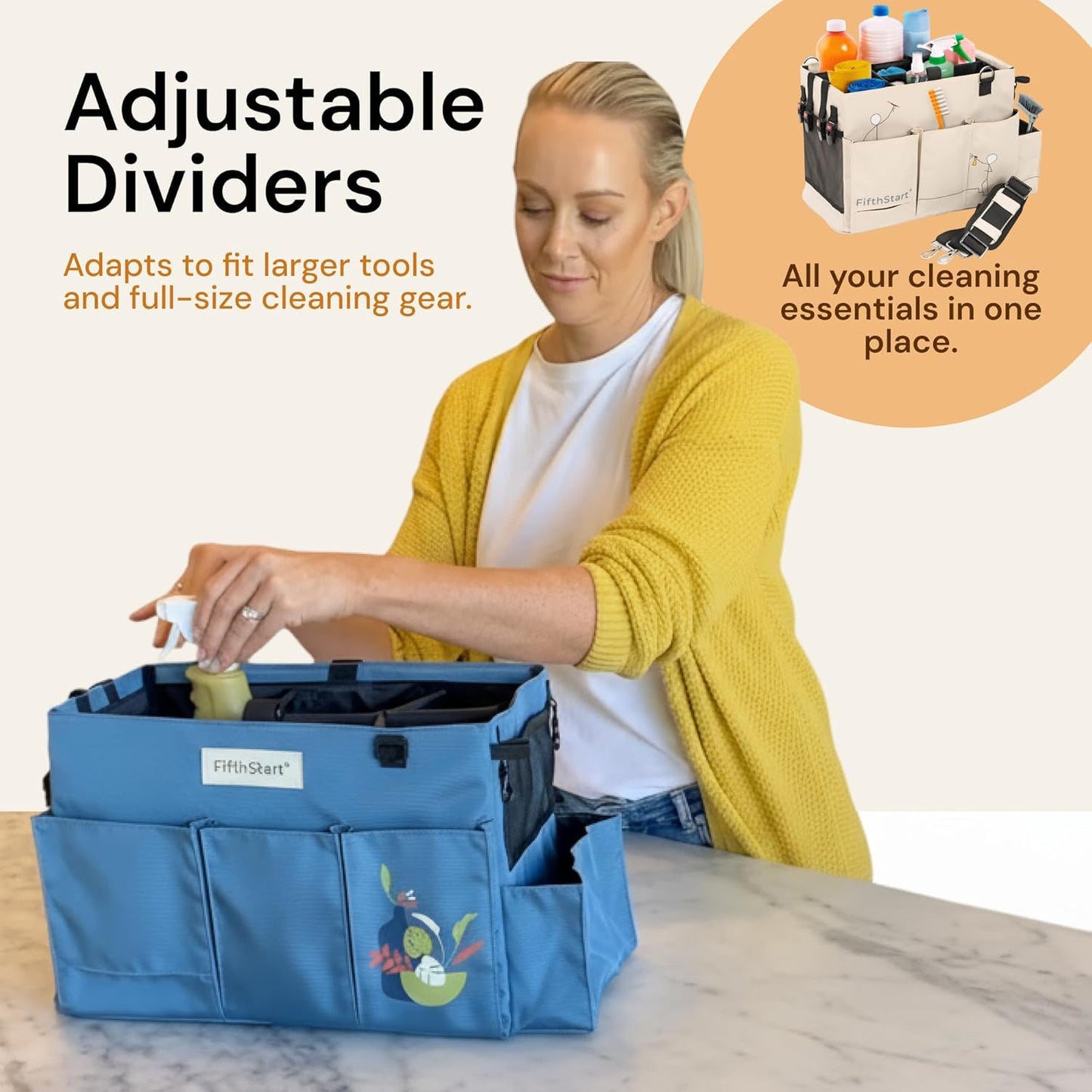 FifthStart Multiuse Cleaning Caddy with Waist & Shoulder Strap - Diaper Caddy & Beach Bag - 9 Pockets & Mesh Base - Adjustable Compartments (Beige, Small) - Cleaning Supplies Organizer