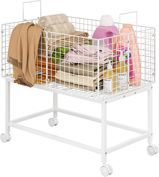 Large Rolling Laundry Basket Cart,Wire Laundry Hamper Cart with Handle and Wheels,White High Laundry Hamper for Laundry Room,Bedroom and Bathroom-120L White (29.5" L*19.7" W*27.95" H inch)