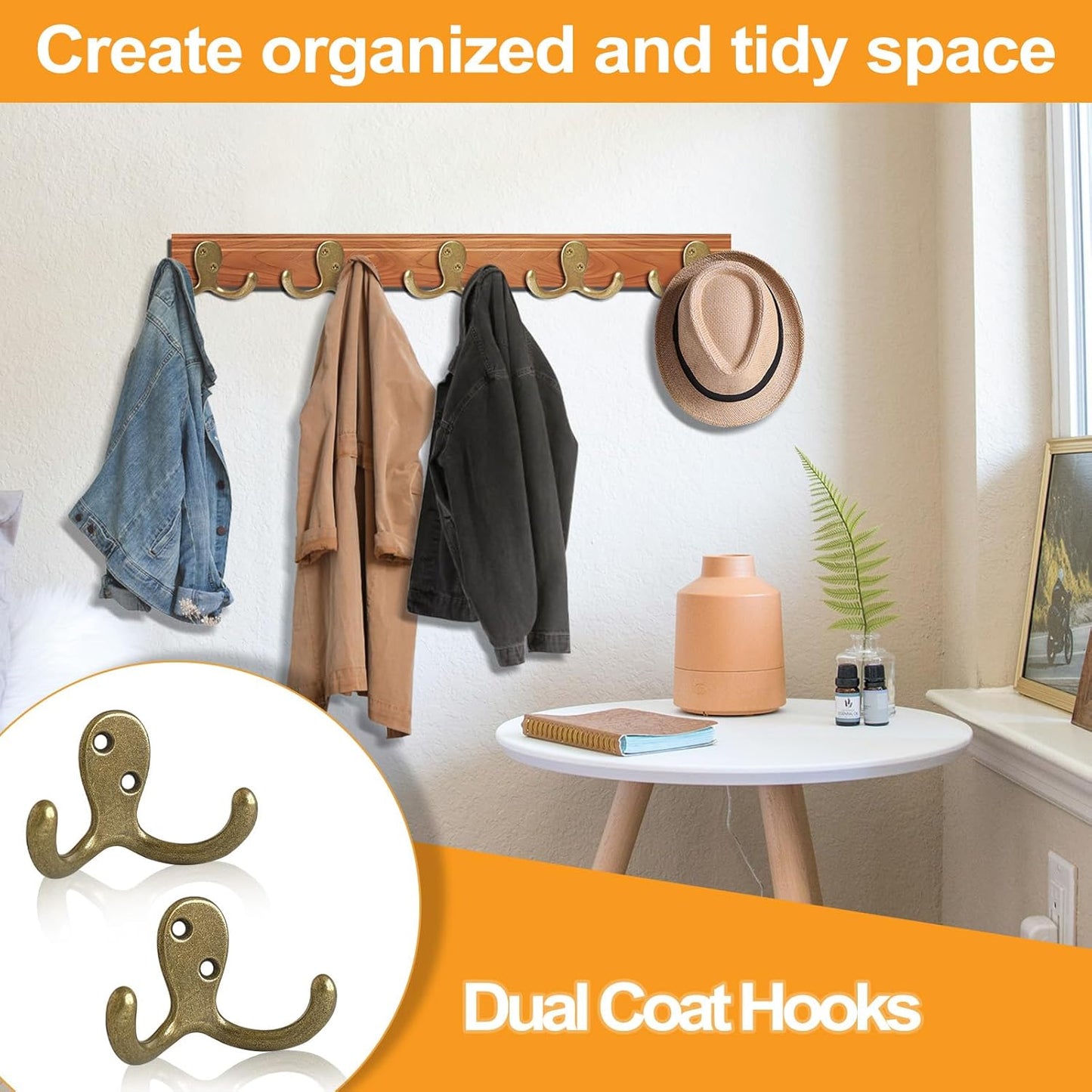 25 Pack Coat Hooks Wall Hooks for Hanging, Heavy Duty Double Prong Metal Hook Wall Mounted for Living Room, Bathroom, Kitchen, Bedroom for Coat, Bag, Scarf, Towel, Hat, Key, Cup (Bronze)