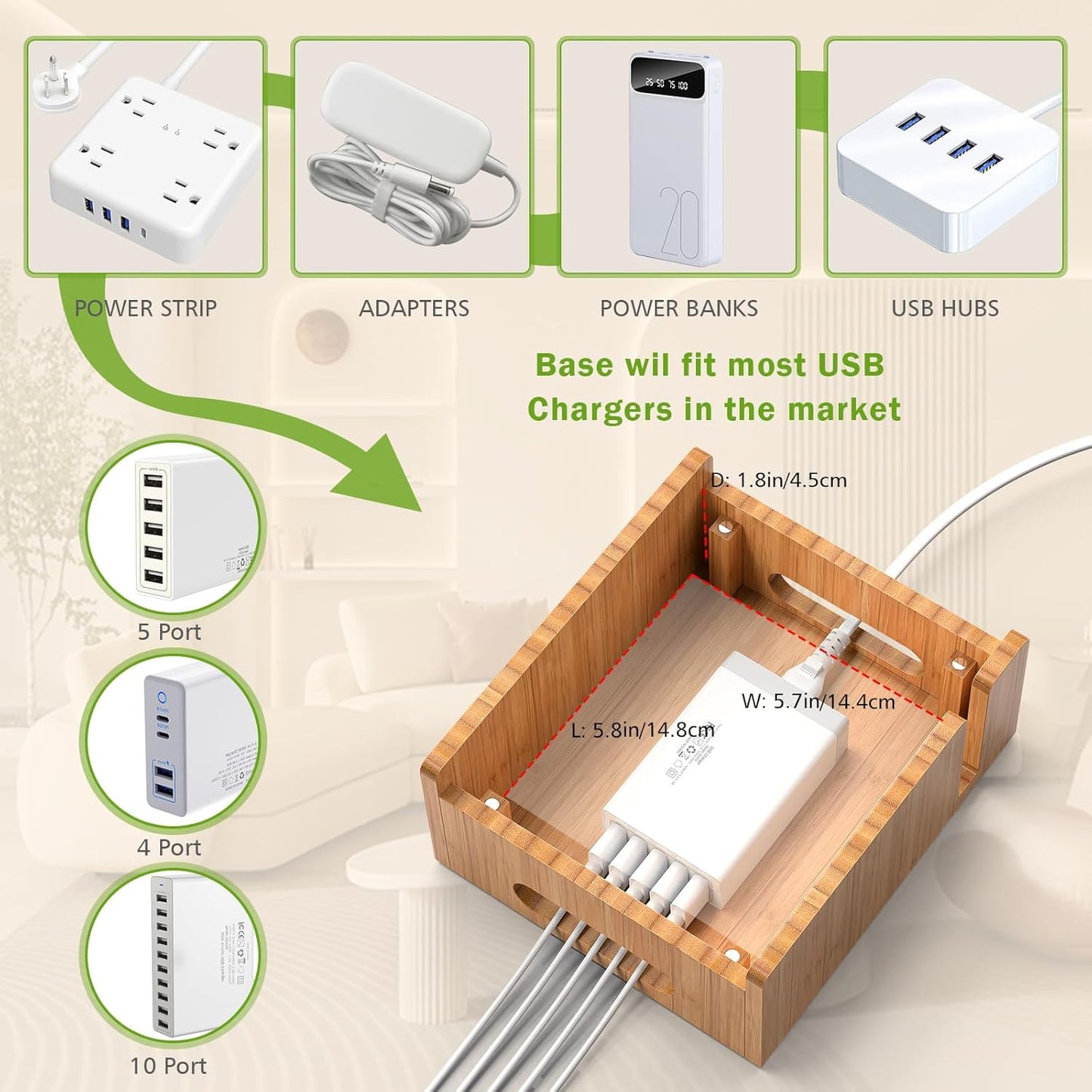 Pezin & Hulin Bamboo Charging Stations, Cell Phone Organizer for Multiple Devices, Tablets, Smart Watch, Included 5 Port USB Charger, Pack 5 Cables