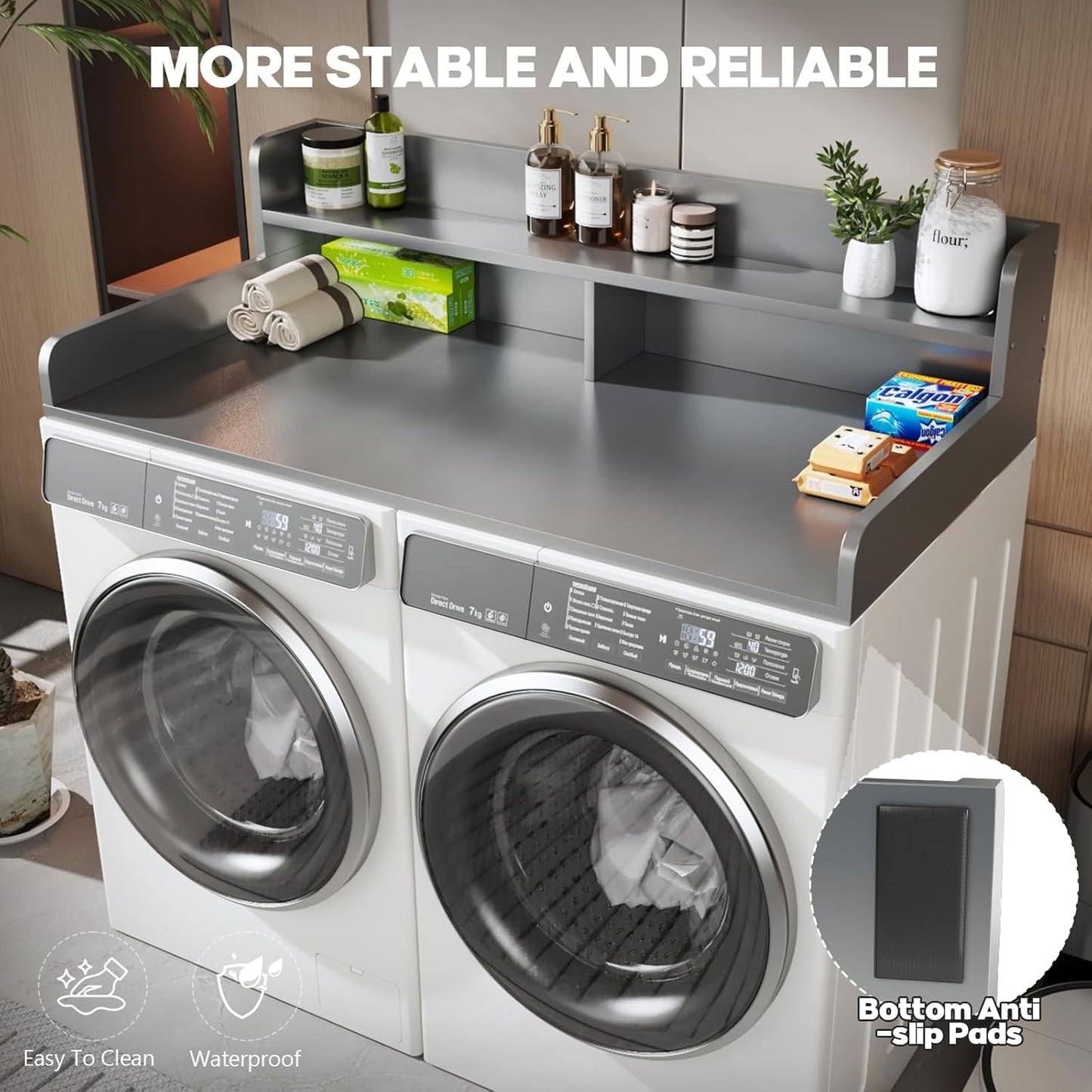 2-Tier Washer and Dryer Countertop with 2.75" H Guard,54" W x 27.5" D Laundry Countertop Cover with Non-Slip Pad,Large Space Laundry Topper for Folding Clothes Over Washer and Dryer-Gray