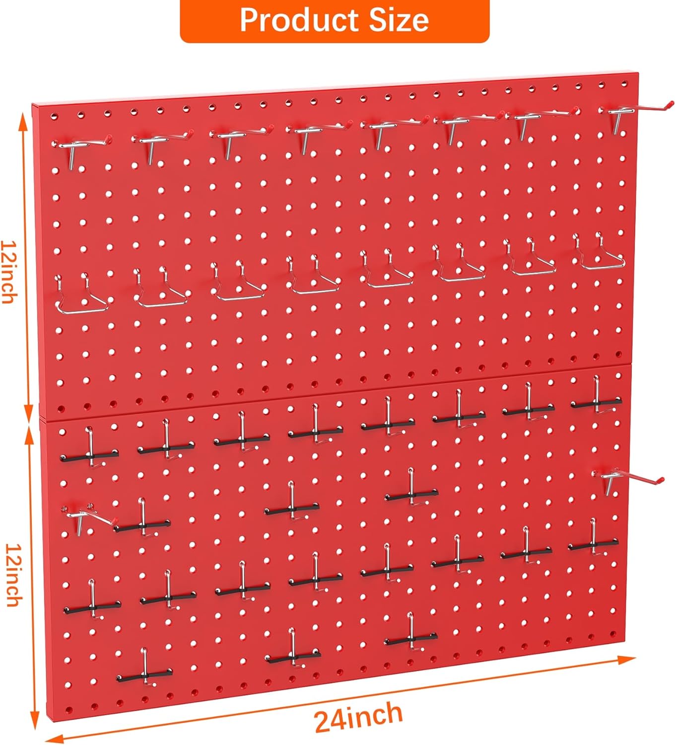 TORACK Metal Pegboard Wall Organizer 24" x 24" or 12" x 48", 70 PCS Tool Storage Pegboard for Garage Tool Organizer Board with Pegboard Hooks for Workbench(Red)
