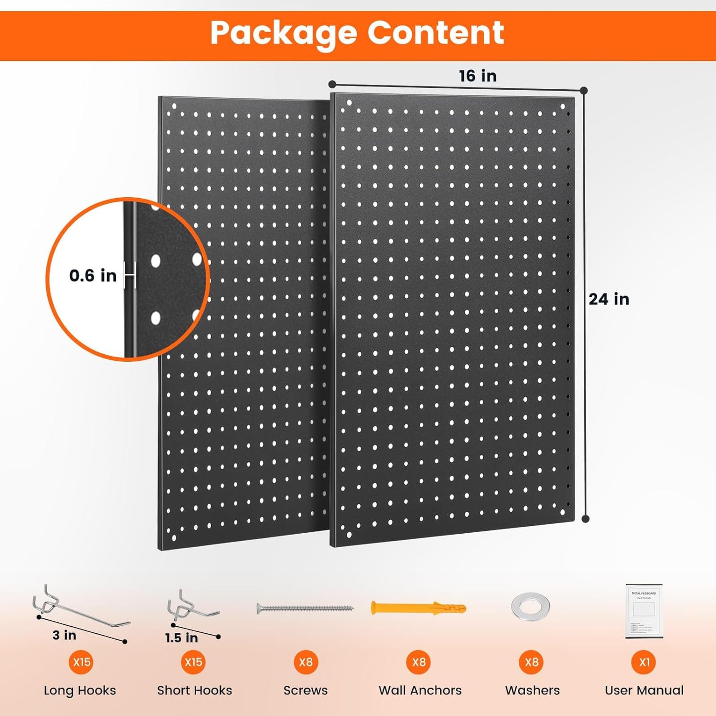 Pegboard, 2 PCS 24"×16" Metal Peg Board Panels Black Modular Wall Organizer Kit with 30 Hooks, Dual-Size Hole Design for Home Tool Storage, Garage Organization, Kitchen, Office, Craft Room