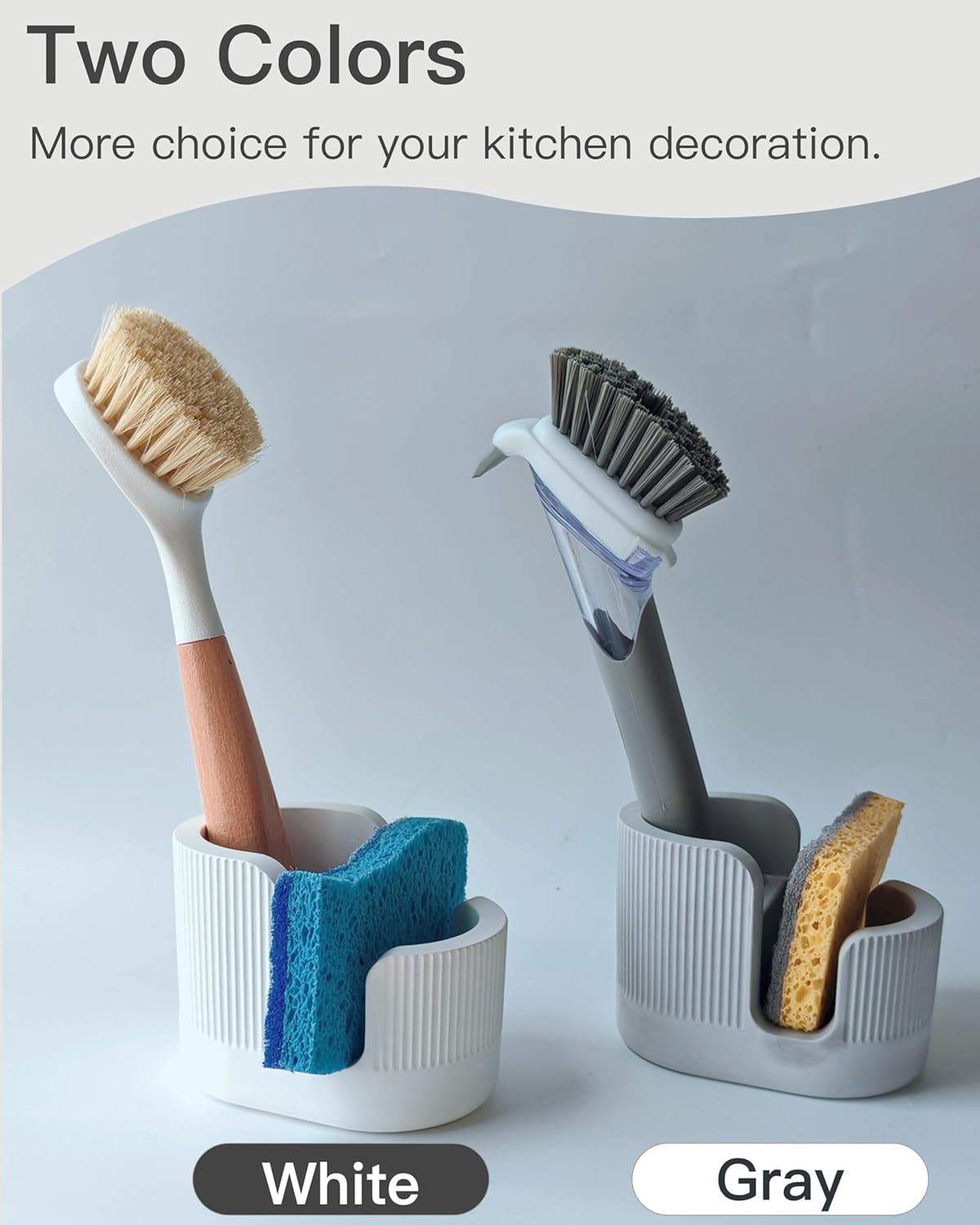 2-in-1 Diatomite Sponge Holder for Kitchen Sink, Quick-Drying Dish Sponge and Brush Holder, Dish Wand Holder, Diatomite Stone Sink Tray, Ultra Absorbent Sink Caddy Organizer, Light-Gray