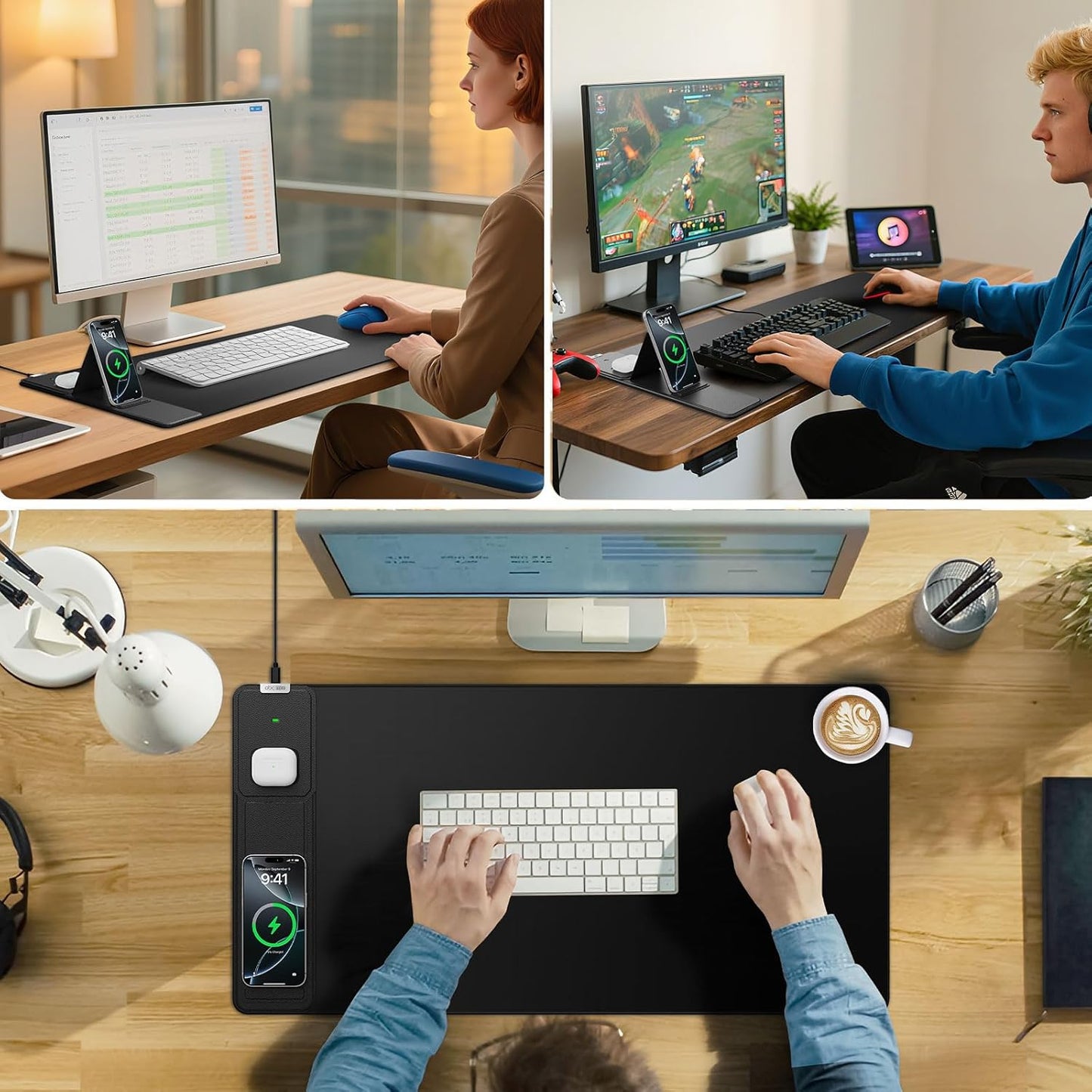 Wireless Charging Mouse Pad with Foldable Phone Holder, 31.5"x15.8" Large Desk Mat for Laptop/Keyboard, Waterproof Ultra-Smooth Surface, Non-Slip Base, Black
