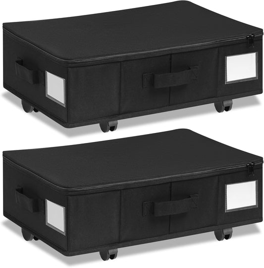 Under Bed Storage with Wheels, 2 Pack Under Bed Storage Containers with Label Holders for Clothes, Shoes and Blankets, Rolling Underbed Shoe Organizer with Cover, Black (23.6 x 15.7 x 7.28 in)