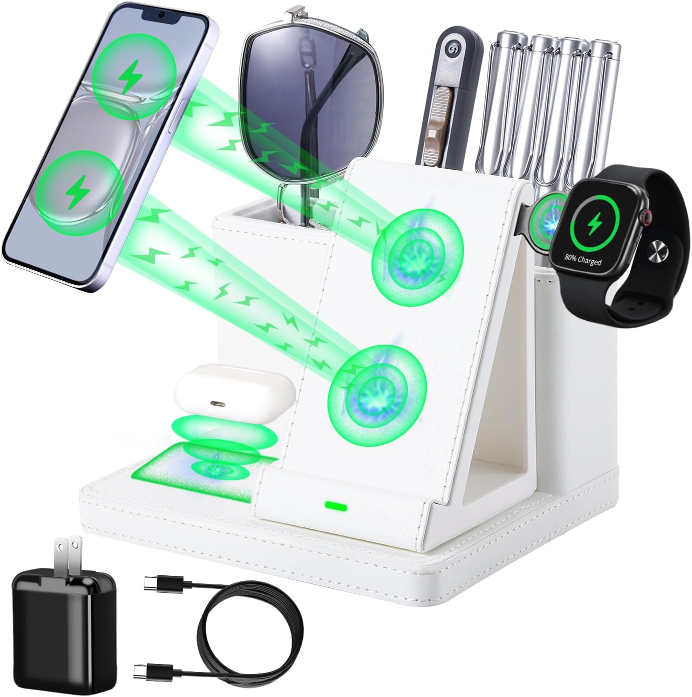 Leather Desk accessories Pen Holder with 3-in-1 Wireless Charger for Phone, Earbuds, Watch Multifunctional Desktop Phone Stand for Office and Home,birthday gifts,gifts for him (white)