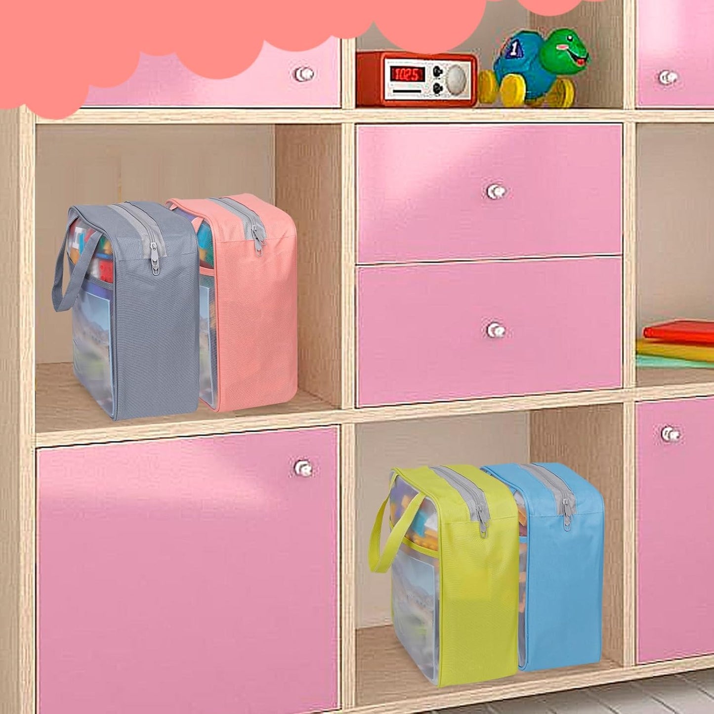 4 Pack Extra Large Mesh Toy Zipper Storage Bags(11.8 * 9.8 * 5.2in),Magnetic Tiles Block Sets Plush Toy Storage Organizer with Pockets, Travel Breathable See Through Colored Pouch with Handle