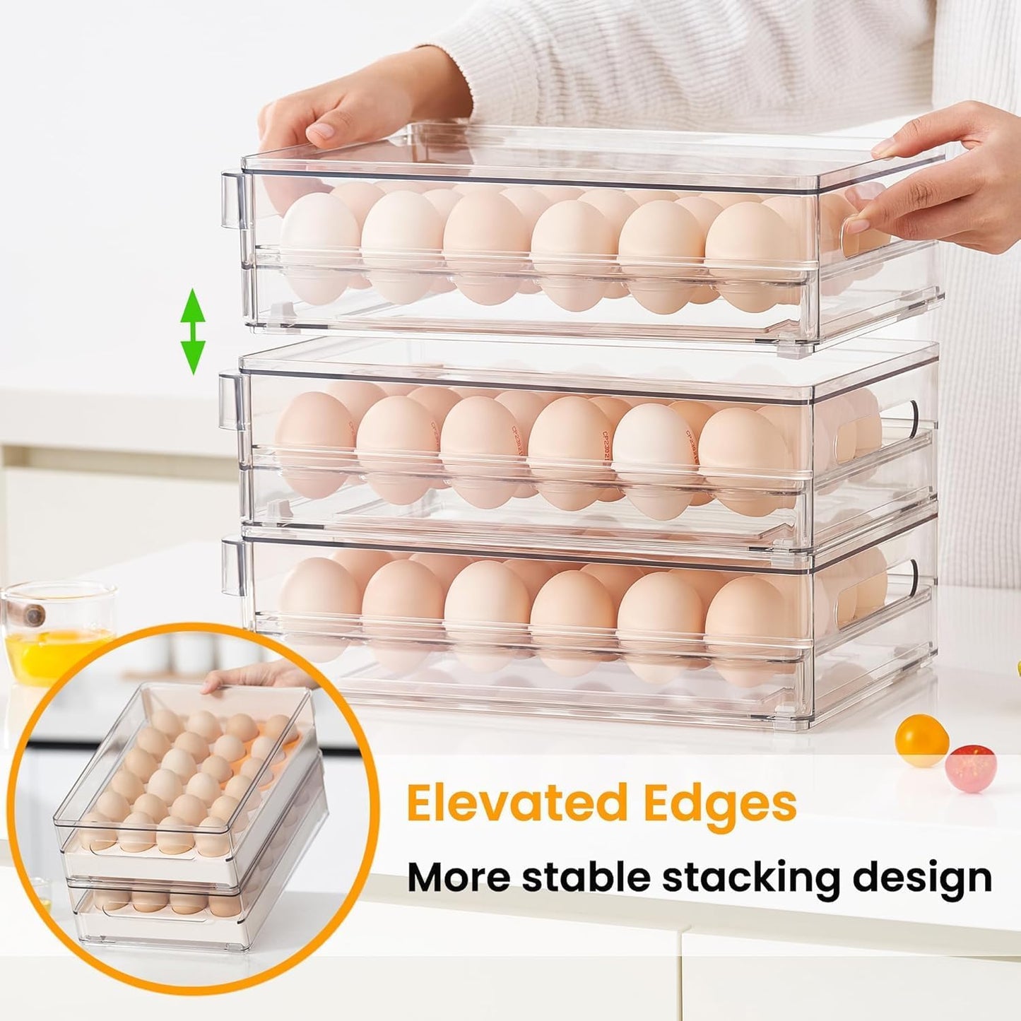vacane 24 Capacity Egg Holder for Refrigerator, Egg Drawer for Fridge Pull Out Egg Storage Container with Non-Slip Pads Clear Egg Tray Egg Organizer - 2 Pack
