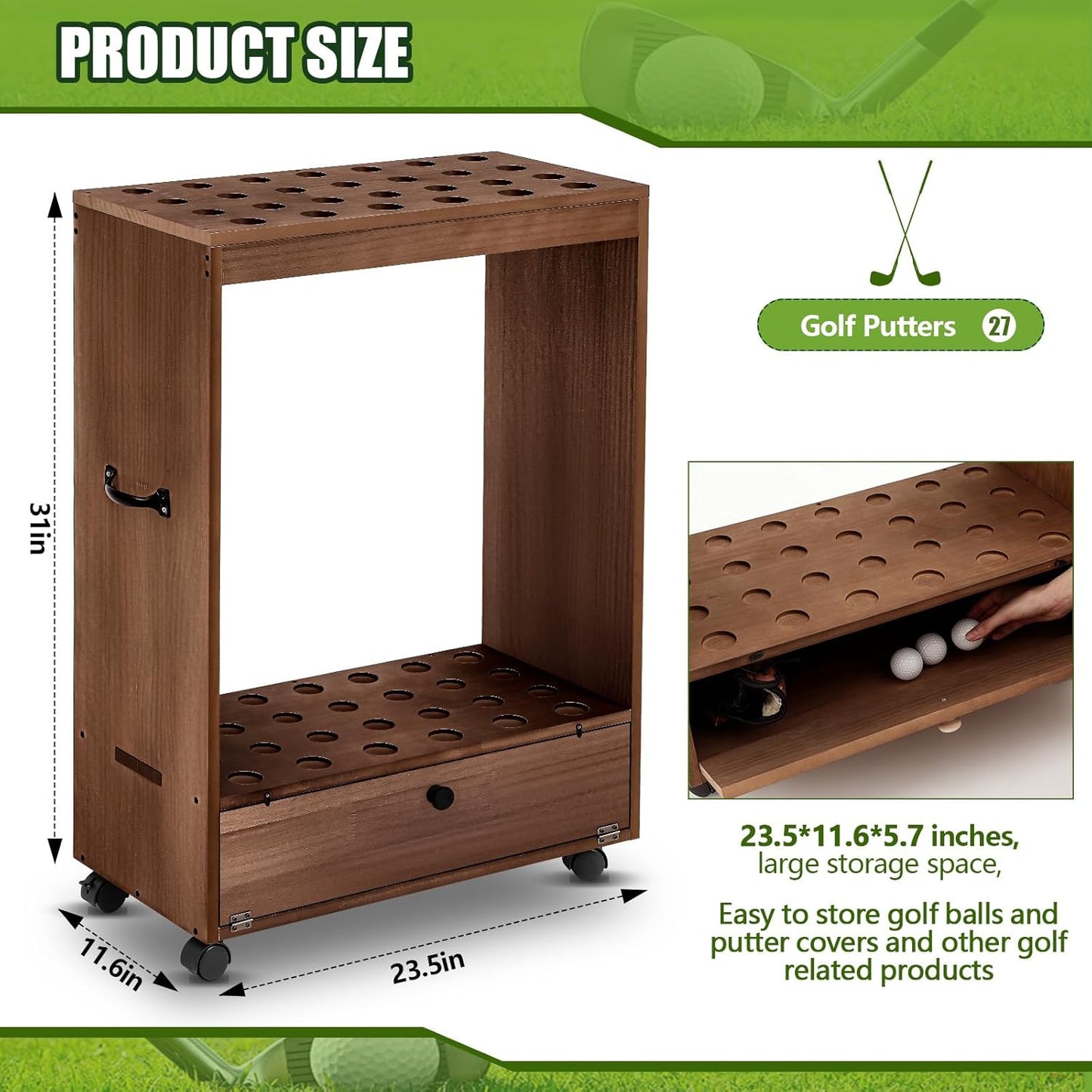 27 Hole Golf Club Stand Holder Wooden Golf Club Organizer Putter Display Rack with Storage Drawer and Wheel for Indoor Home Office Simulator Garage
