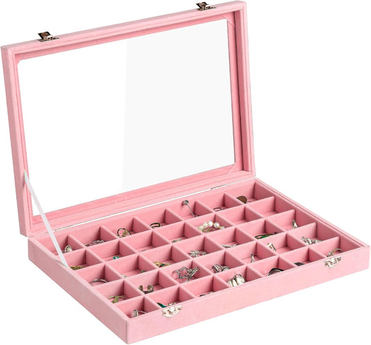 Frebeauty Velvet Jewelry Tray,35 Grid Jewelry Organizer with Clear Lid,Earring Holder Organizer Case with Clasp,Drawer Insert for Rings Studs,13.8 x 9.5 x 2 Inches,Gift for Women Girls(Pink)